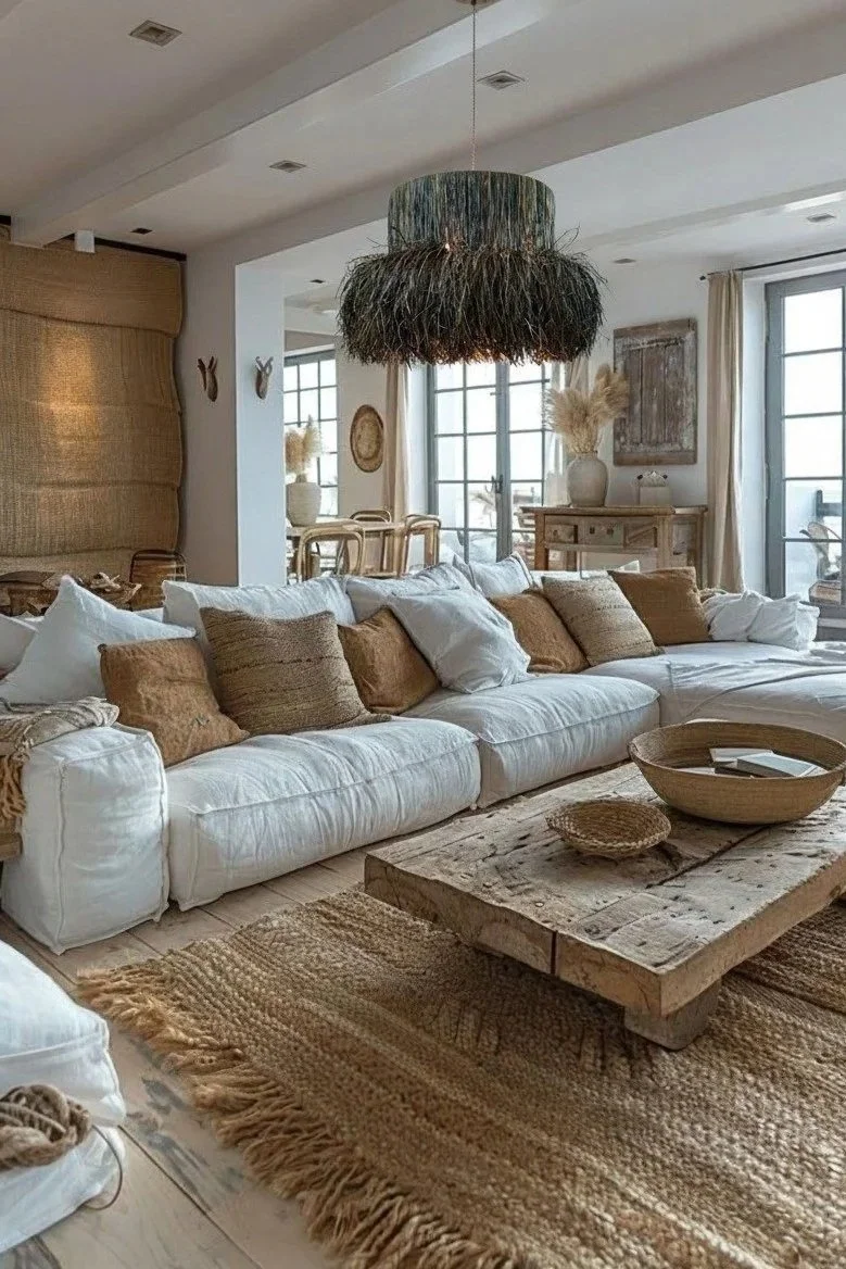 Lampara artesanal de rafia en salon luminoso con estilo natural y materiales orgánicos