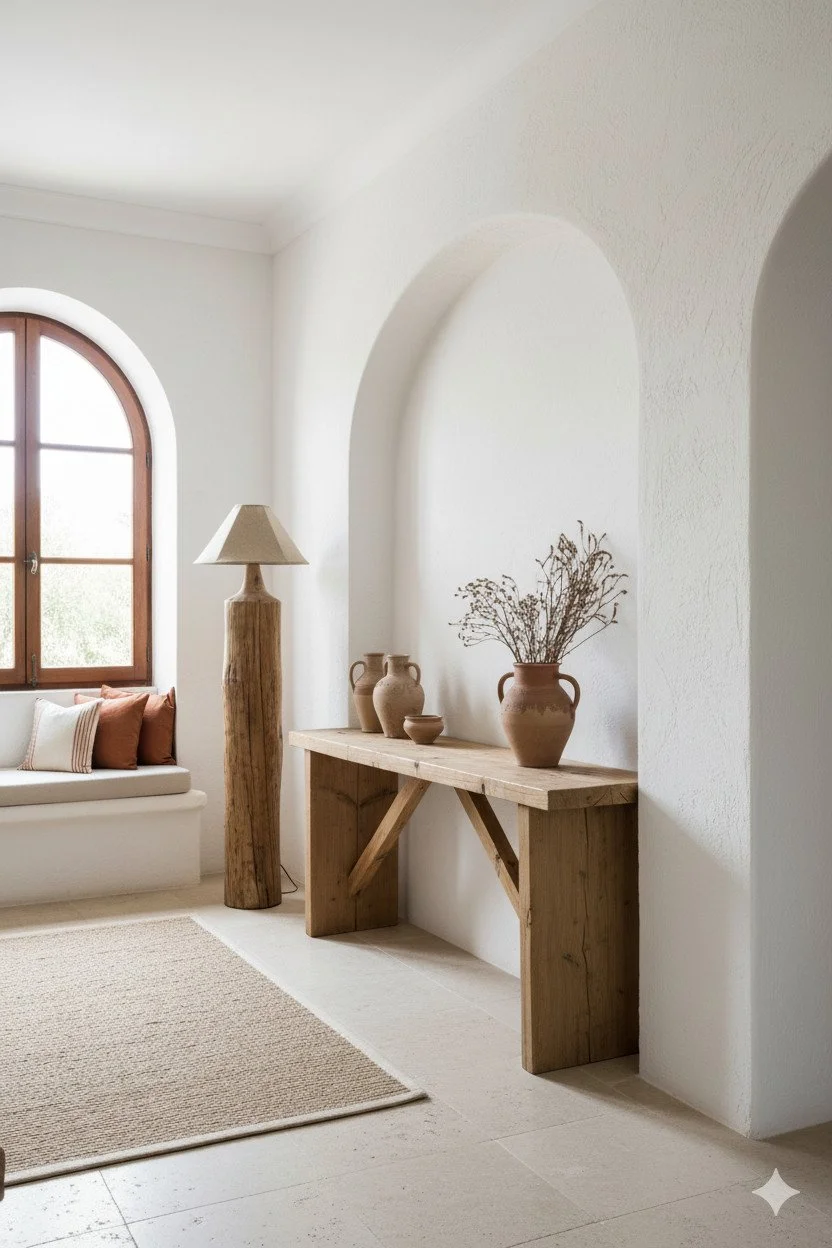 Lampara artesanal de madera en salon, modelo Viloria, con diseño natural y luz calida en ambiente mediterraneo