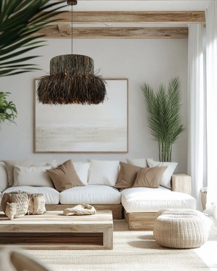 Sala de estar con sofá blanco, cojines marrones, mesa de madera con objetos decorativos de piedra, lámpara de techo de estilo natural, paredes blancas, pintura minimalista, plantas verdes, cortinas blancas.