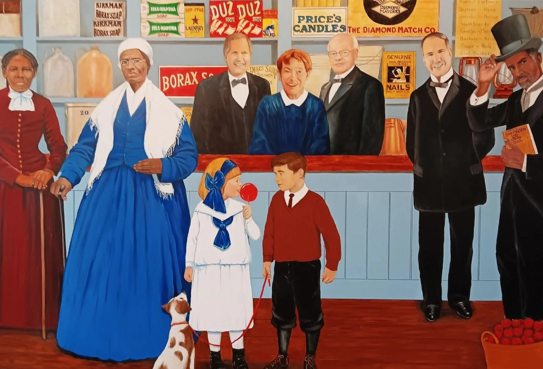 Michael Gearhart | Welcome to the Mustill Store, right panel | 2023 | Cascade Locks Park, Akron OH | Acrylic, oil & house paints and marker on canvas