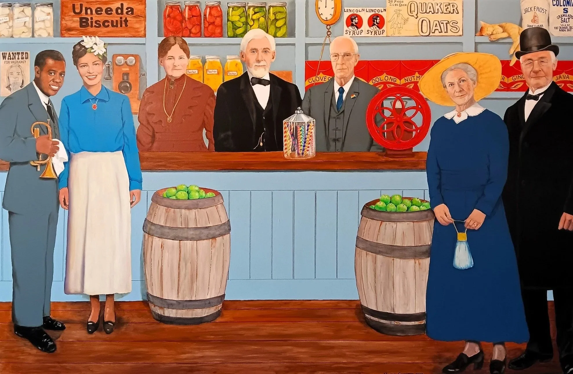 Michael Gearhart | Welcome to the Mustill Store, left panel | 2023 | Cascade Locks Park, Akron OH | Acrylic, oil & house paints and marker on canvas