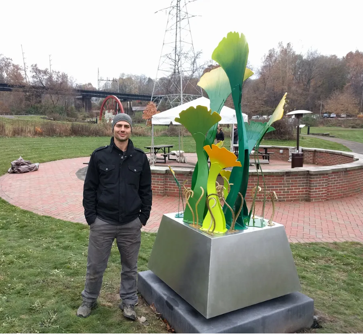 Michael Marras | Together We Grow | Cascade Locks Park, Akron OH | powder coated steel on stainless steel base | 9.5" x 3' x 3'