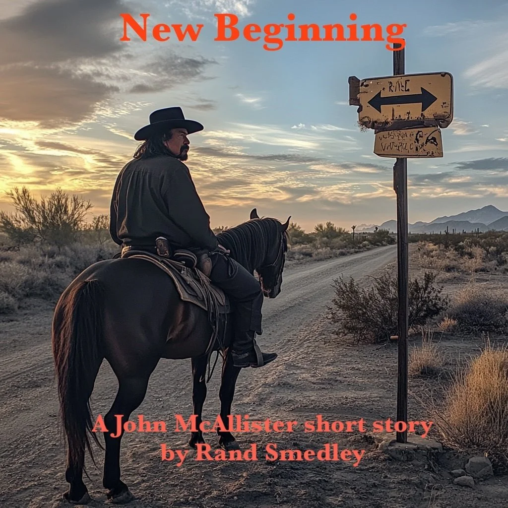 A man dressed as a cowboy riding a horse on a dirt road in a desert landscape during sunset. There is a road sign with arrows pointing left and right, with some worn and unreadable text. The sky is partly cloudy with mountains visible in the distance. The image has text overlay that says, "New Beginning" at the top and "A John McAllister short story by Rand Smedley" at the bottom.
