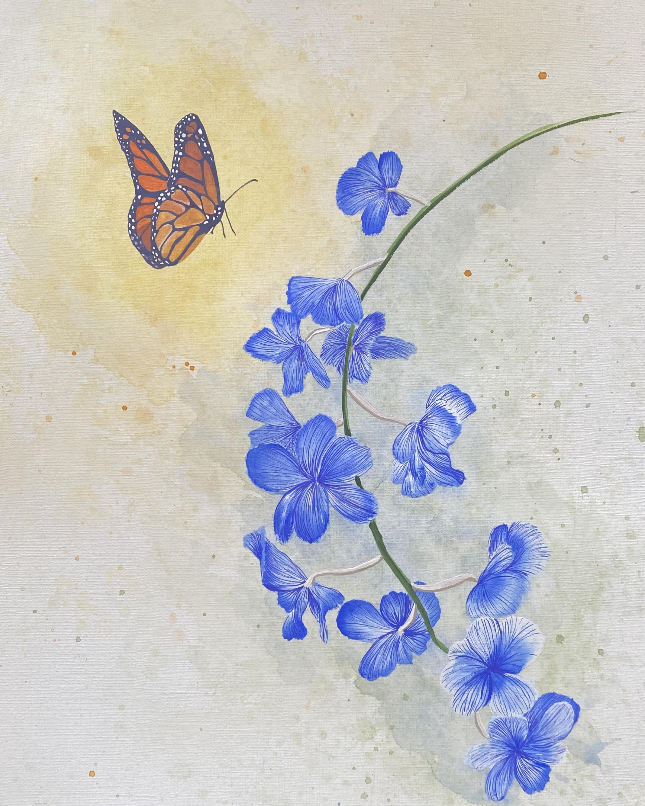 Between Petals and Wings (2024) - Watercolor and Gouache on watercolor paper, 11 x 14 inches