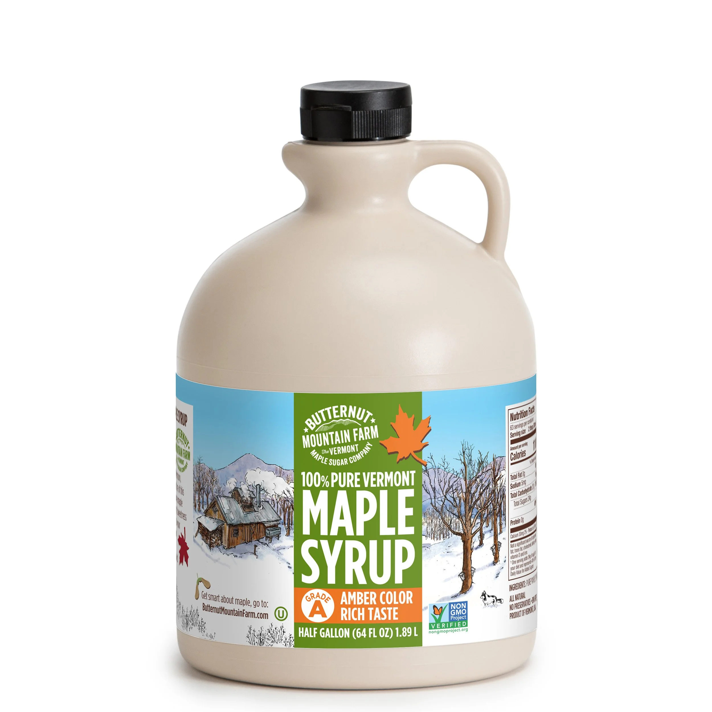 A half gallon jug of 100% pure maple syrup. Filled with Grade A Amber Rich.