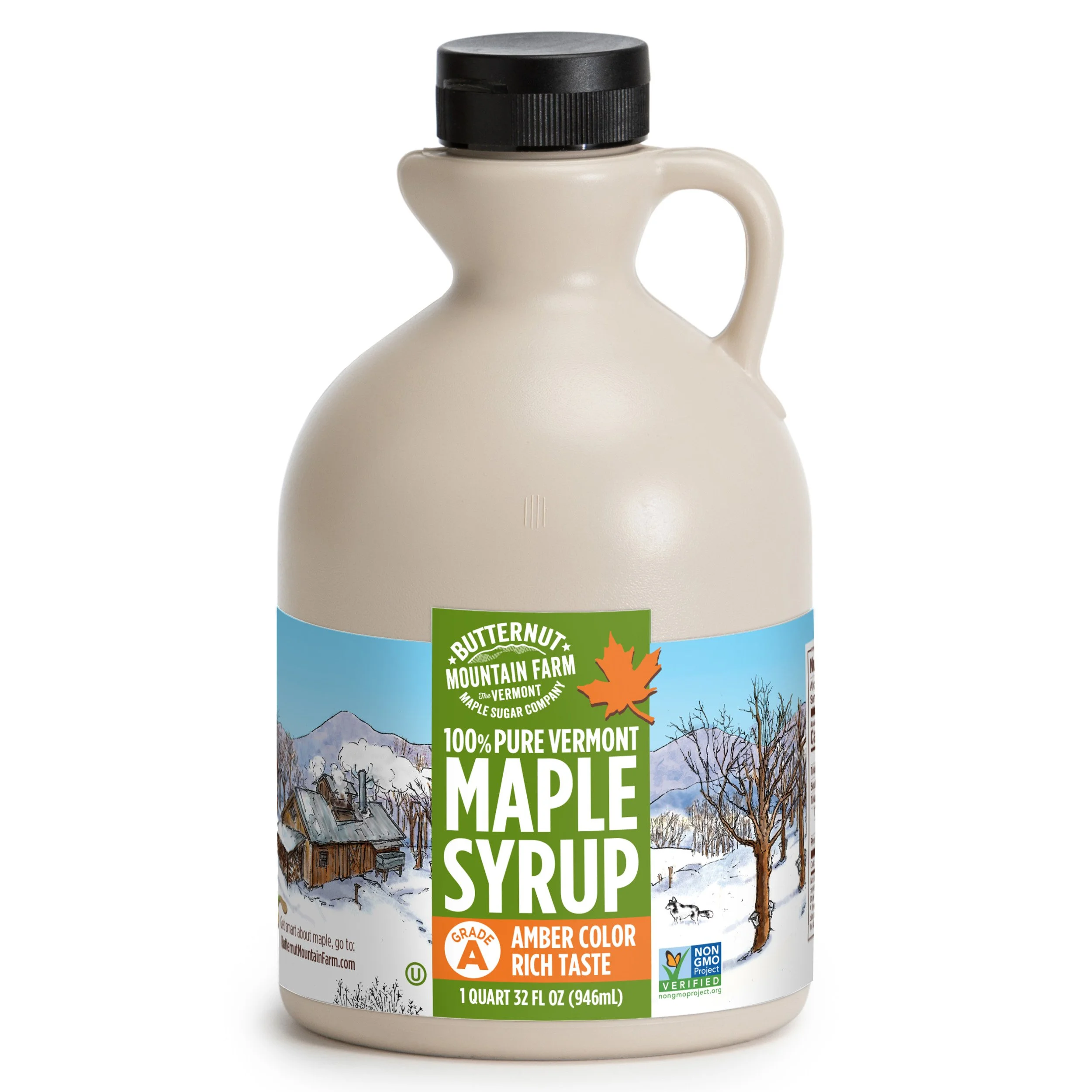 A quart jug of Grade A Amber Rich 100% pure maple syrup.