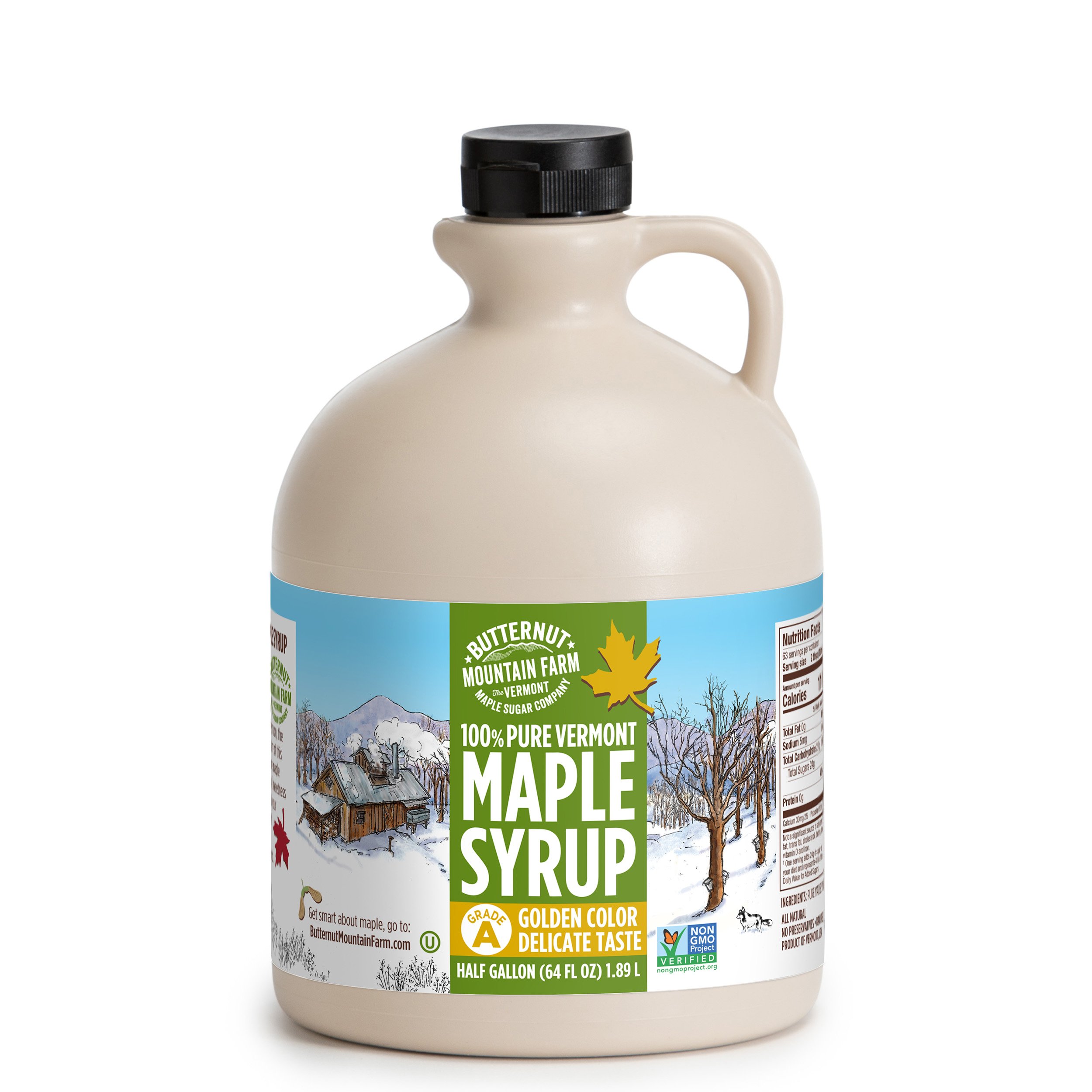 A half gallon jug of 100% pure maple syrup. Filled with Grade A Golden Deliate.