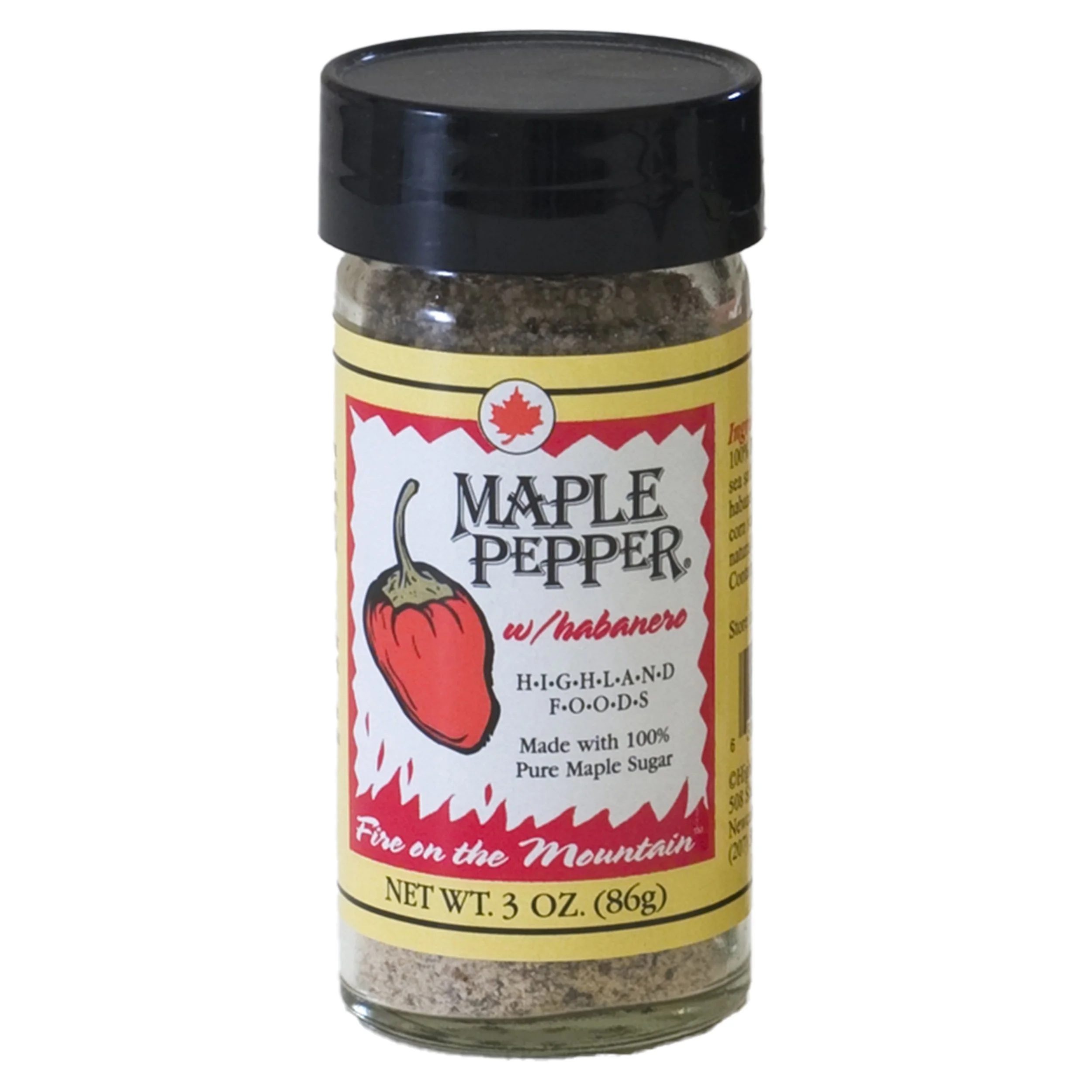 Habanero maple pepper in a spice jar with black top.