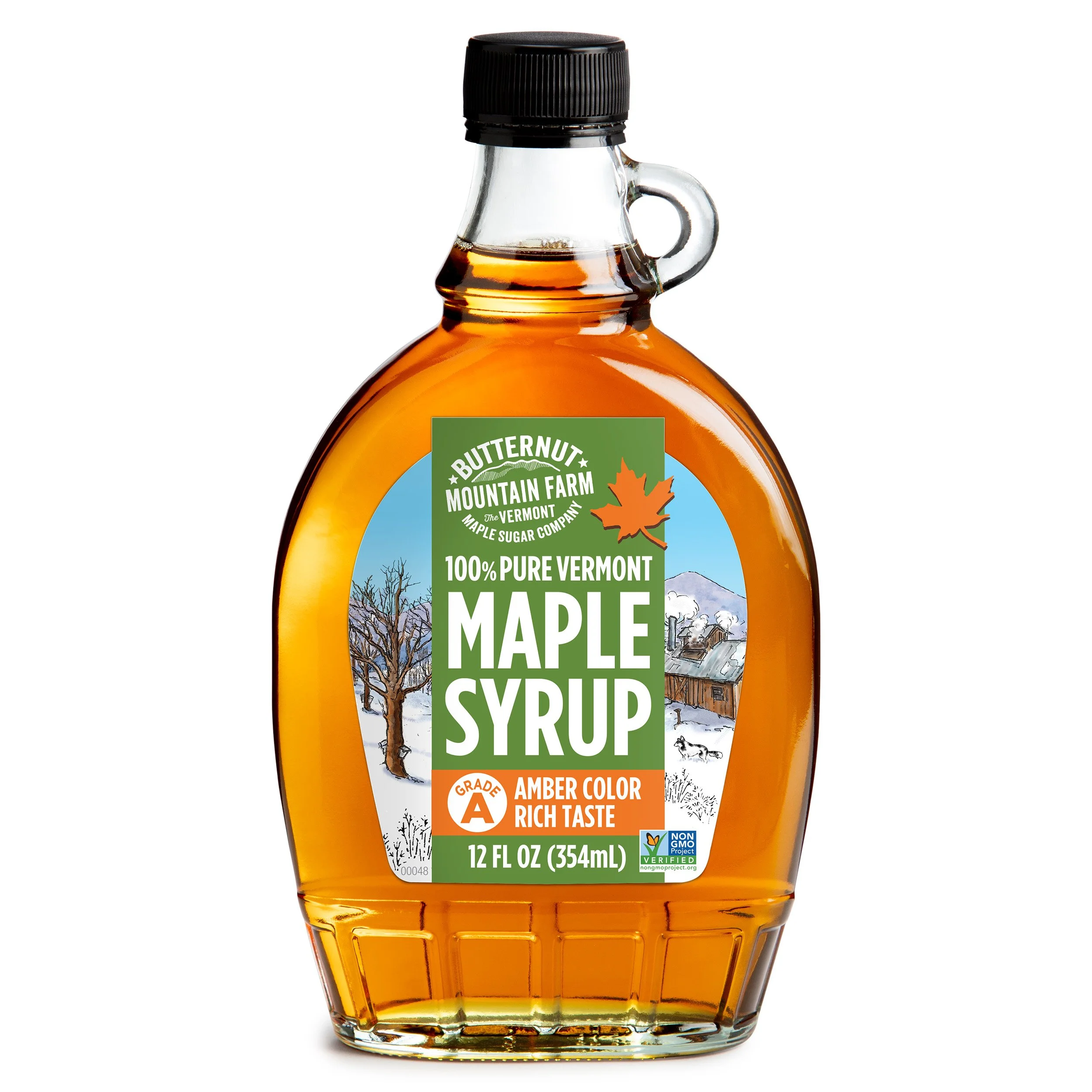 A 12oz glass bottle of 100% pure maple syrup. Filled with Grade A Amber Rich syrup.