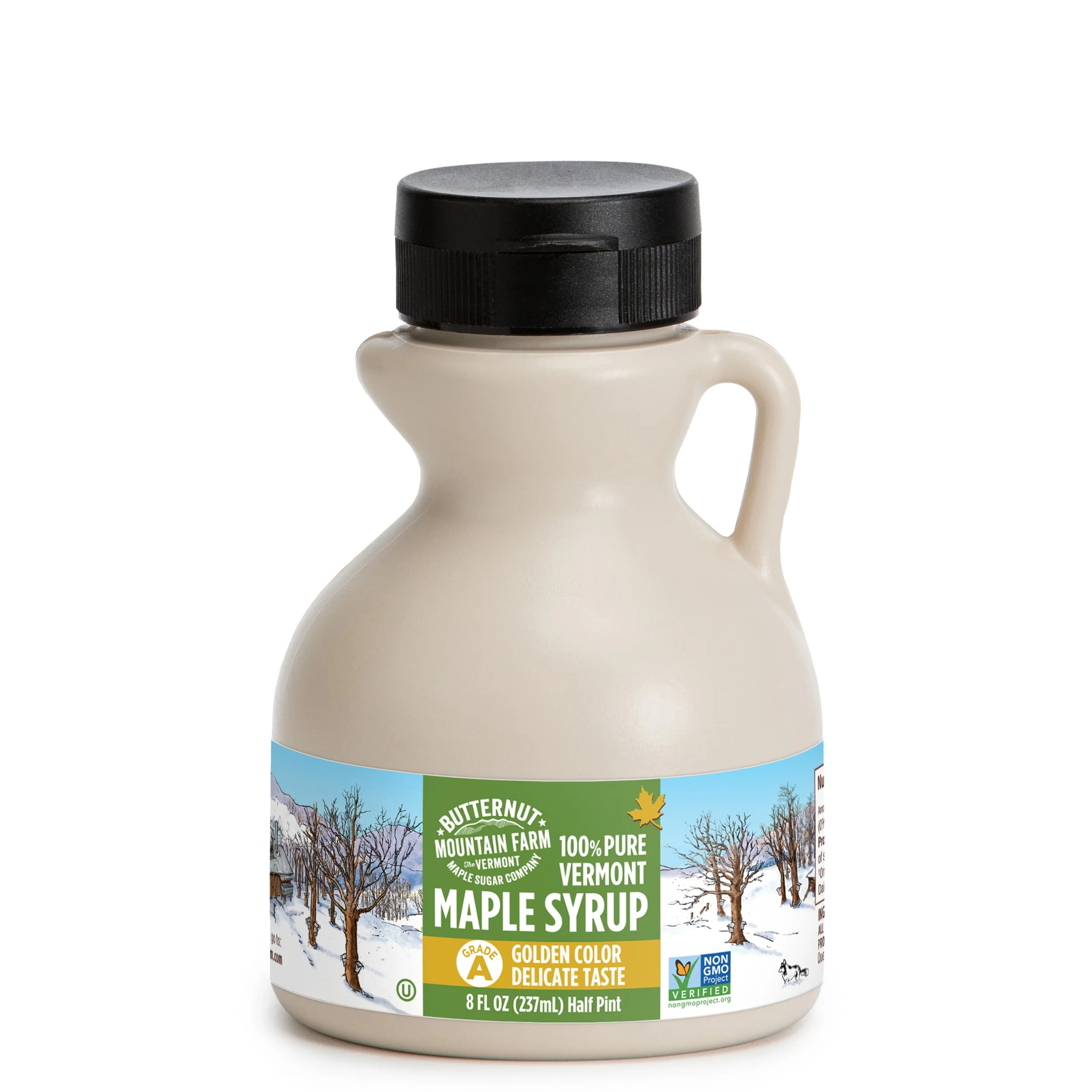 A half pint jug of Grade A Golden Delicate 100% pure maple syrup.