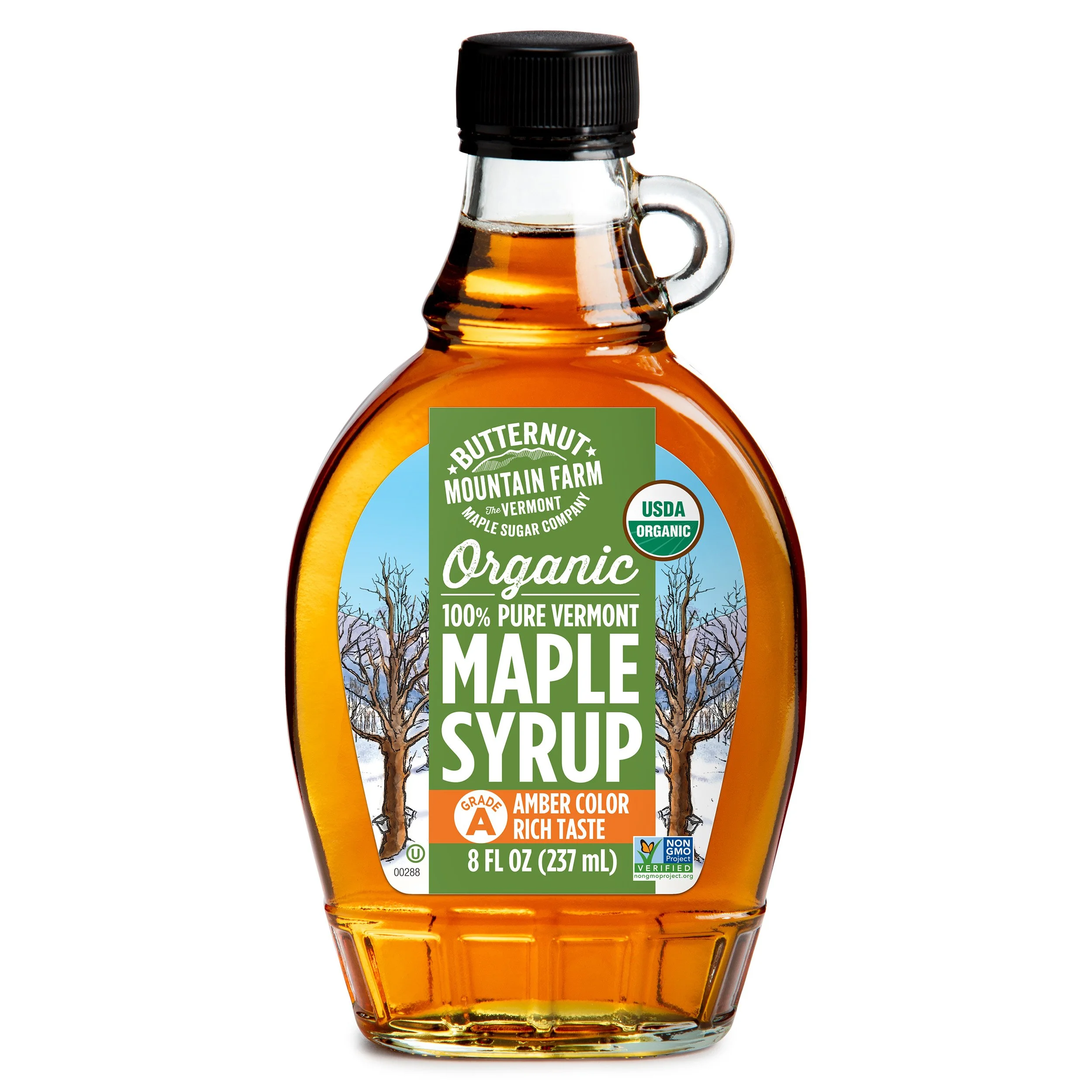 A glass bottle filled with organic Grade A Amber Rich 100% pure maple syrup.
