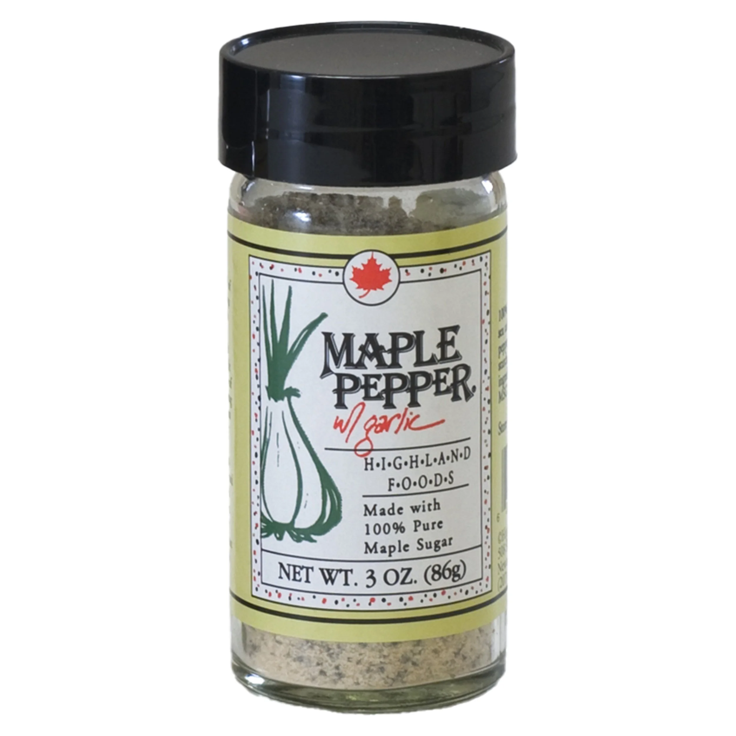 Garlic maple pepper in a spice jar with black top.