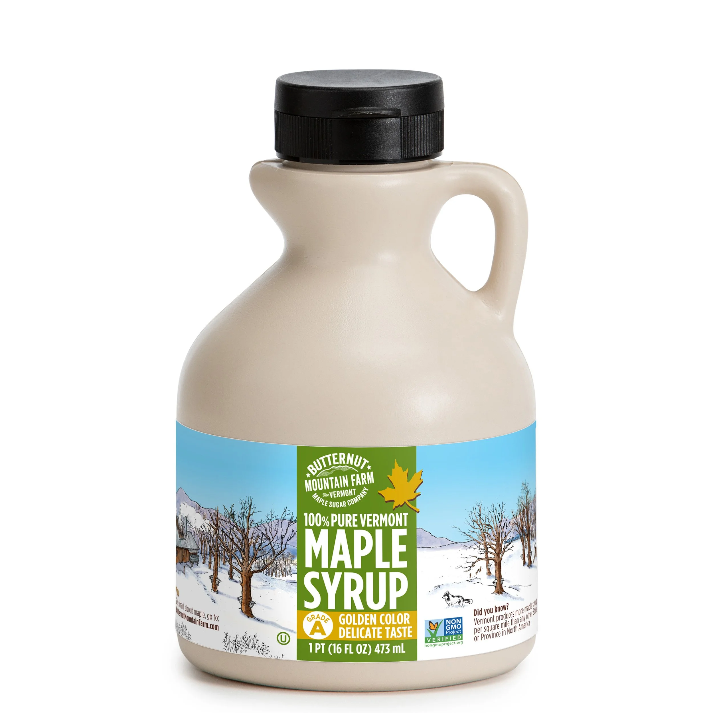 A pint jug of Grade A Golden Delicate 100% pure maple syrup.