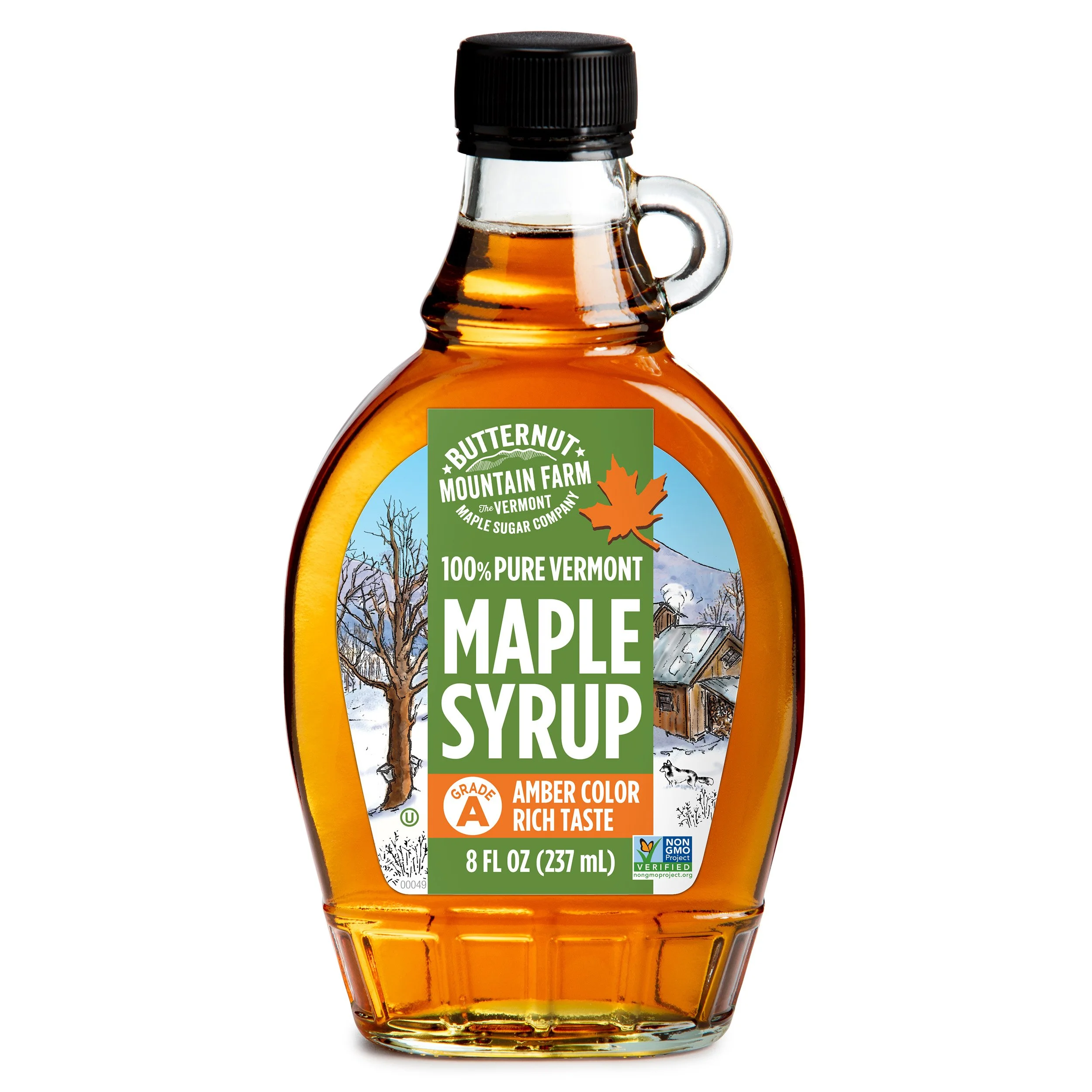An 8oz glass bottle of 100% pure maple syrup. Filled with Grade A Amber Rich syrup.