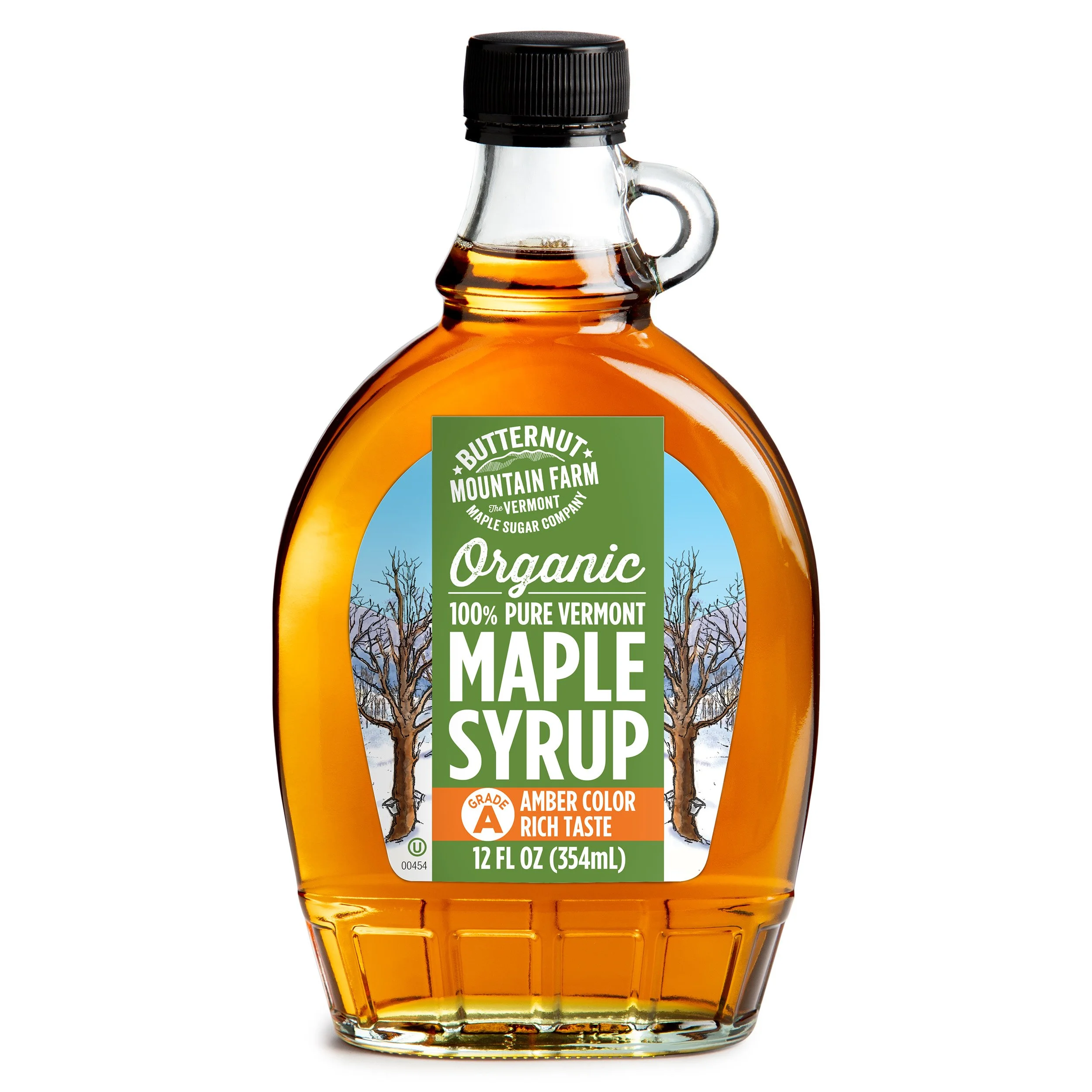 A glass bottle of organic Grade A Amber Rich 100% pure maple syrup.