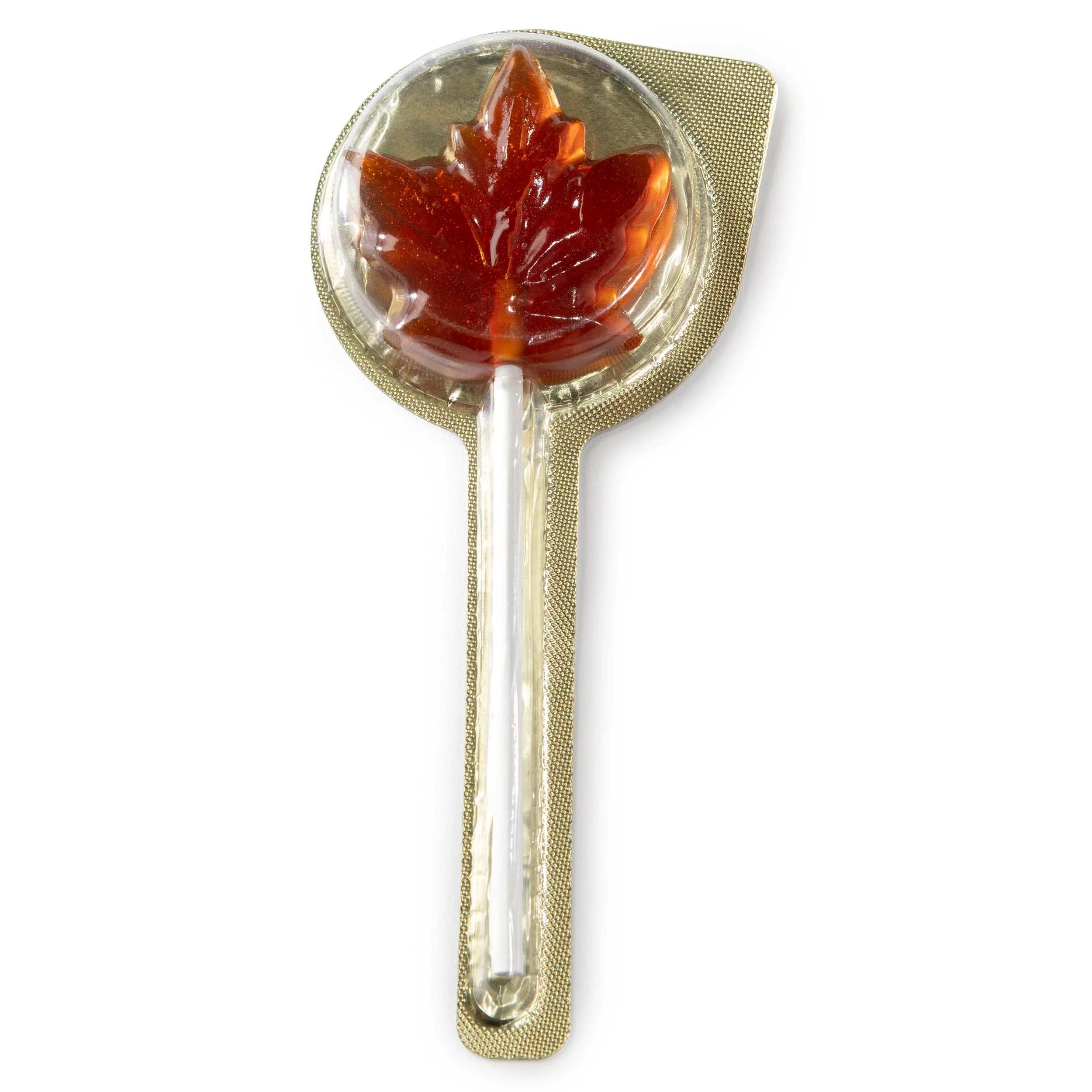 A maple leaf shaped lollipop in clear wrapping.