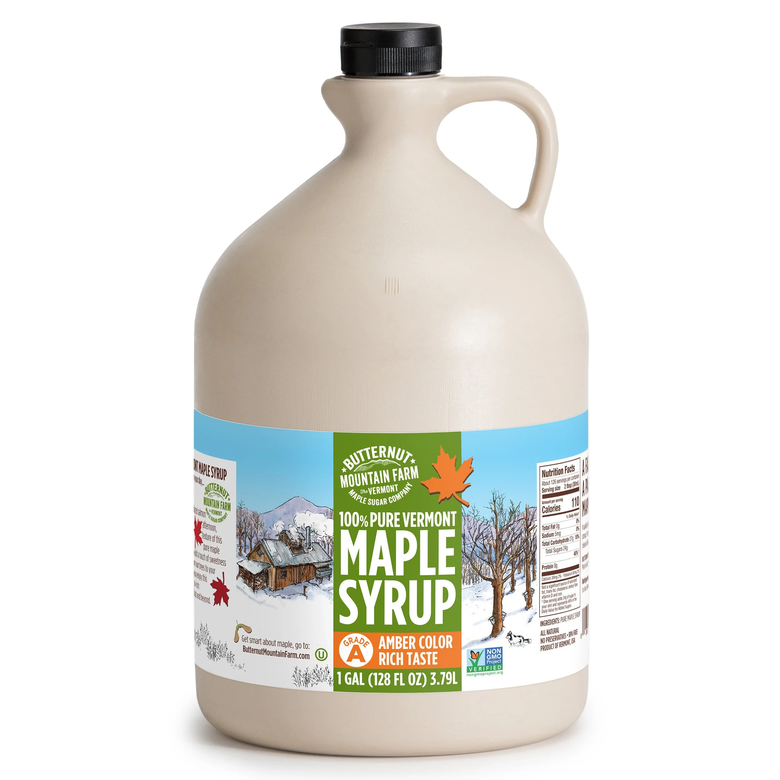 A gallon jug of Grade A Amber Rich 100% pure maple syrup.