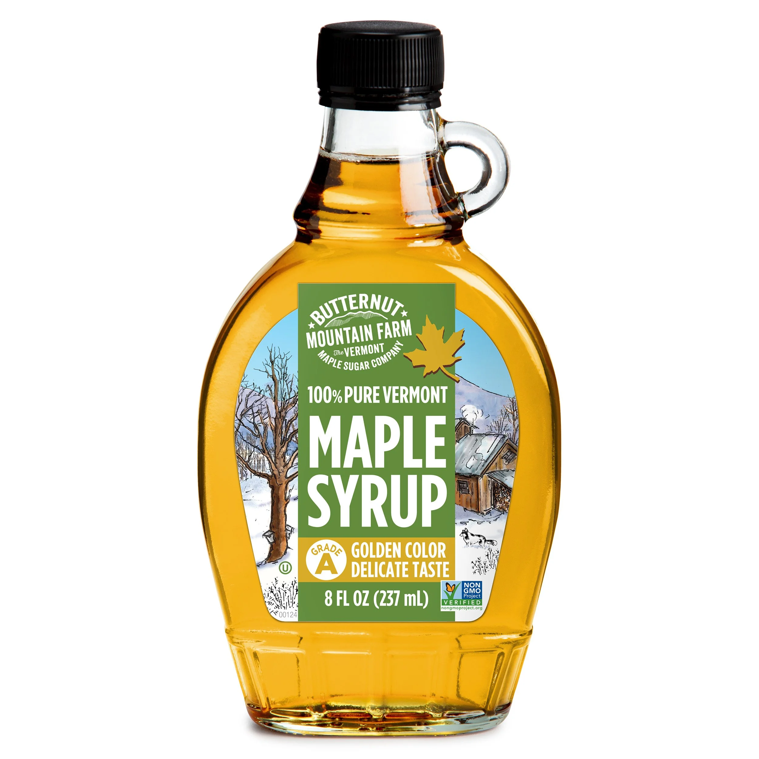 An 8oz glass bottle of 100% pure maple syrup. Filled with Grade A Golden Delicate syrup.