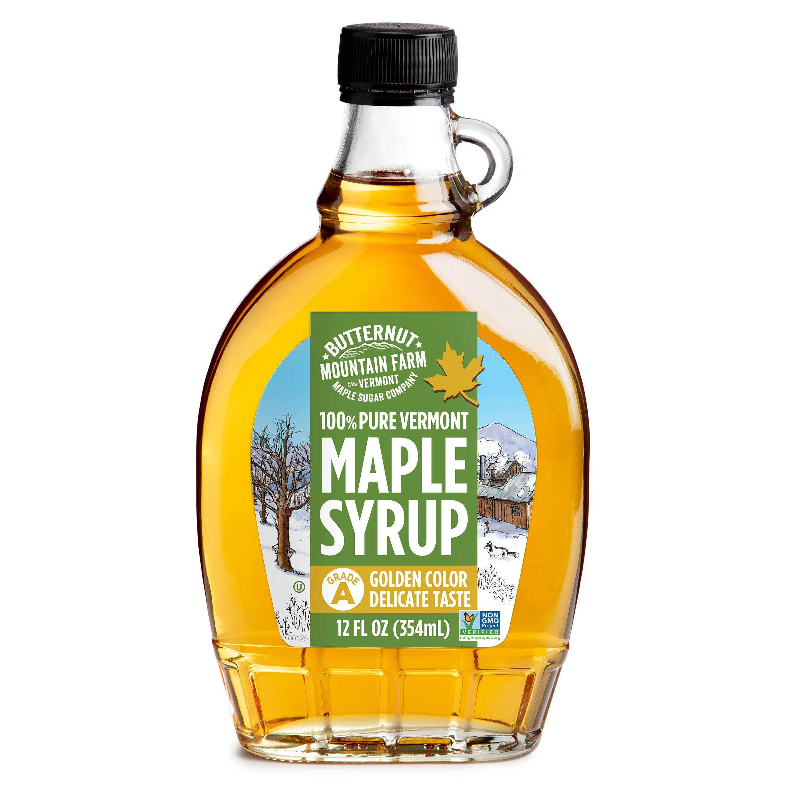 A 12oz glass bottle of 100% pure maple syrup. Filled with Grade A Golden Delicate syrup.