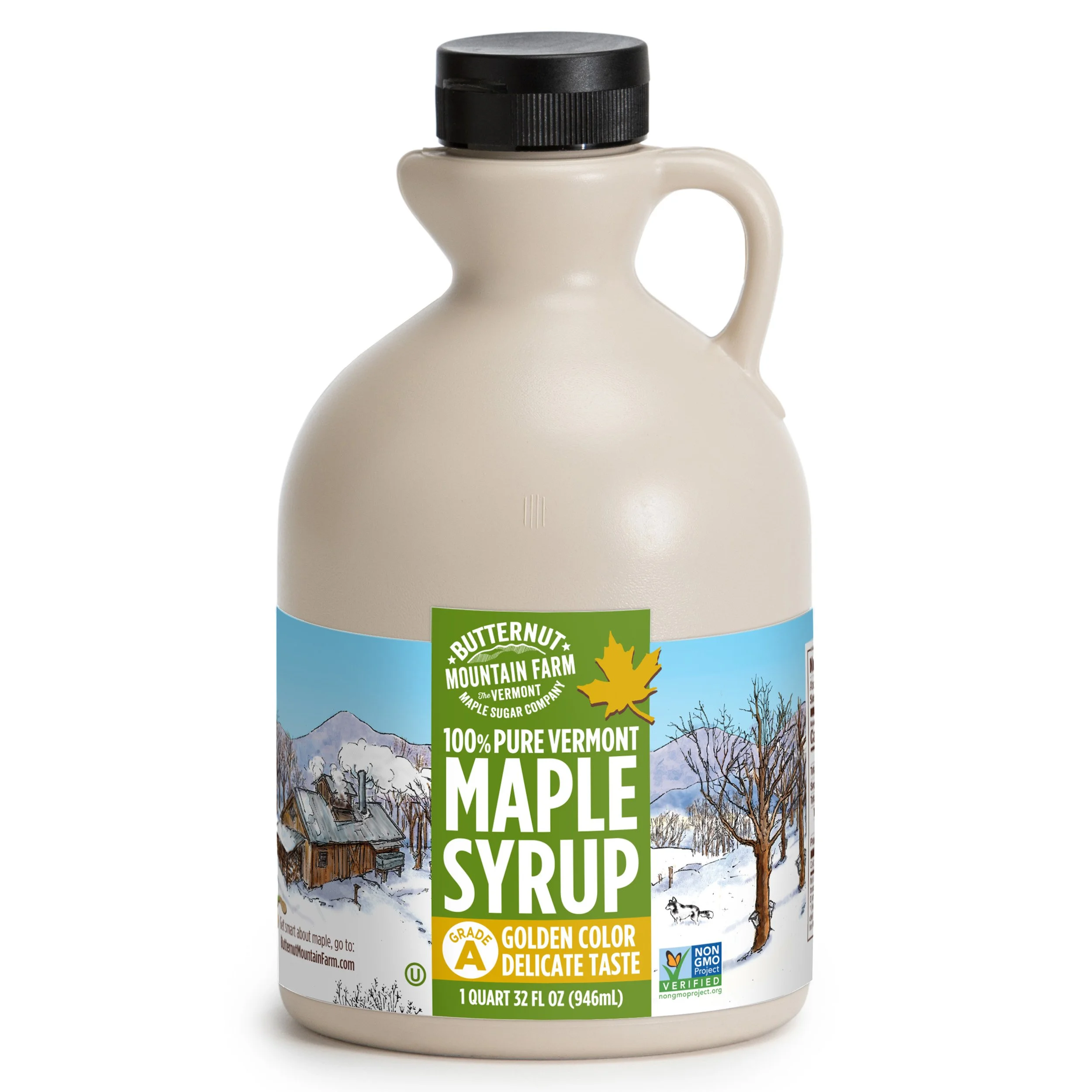 A quart jug of Grade A Golden Delicate 100% pure maple syrup.