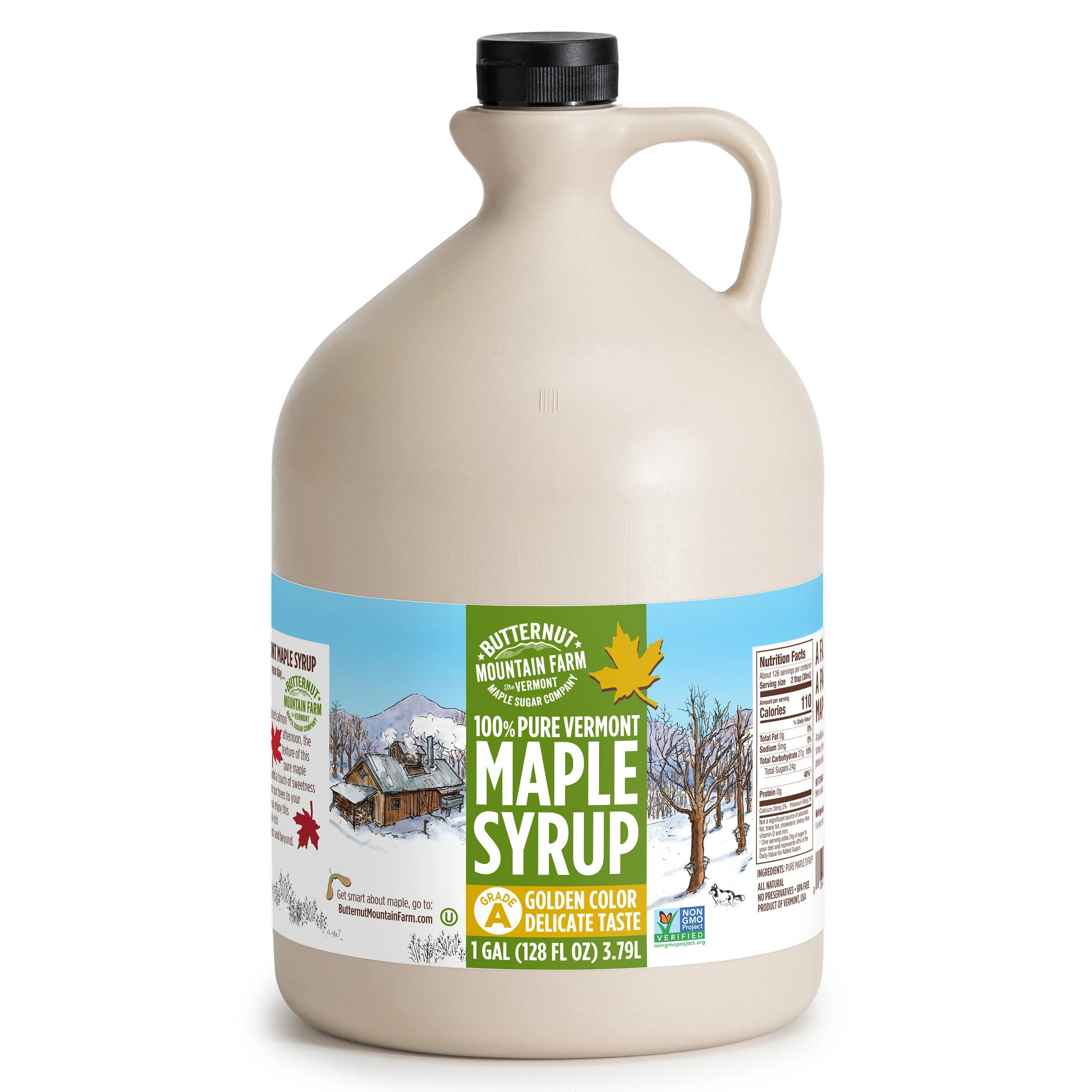 A gallon jug of Grade A Golden Delicate 100% pure maple syrup.