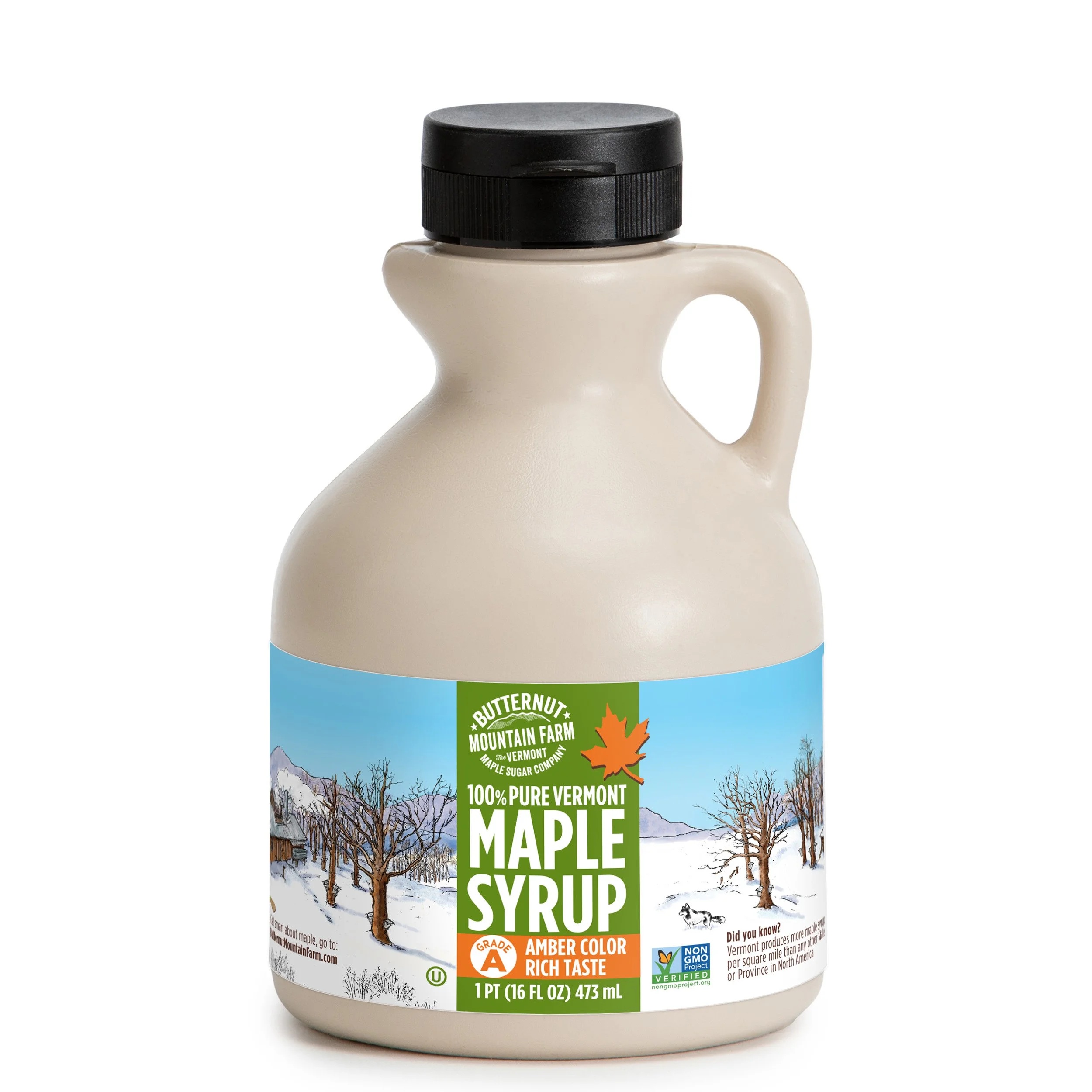 A pint jug of Grade A Amber Rich 100% pure maple syrup.