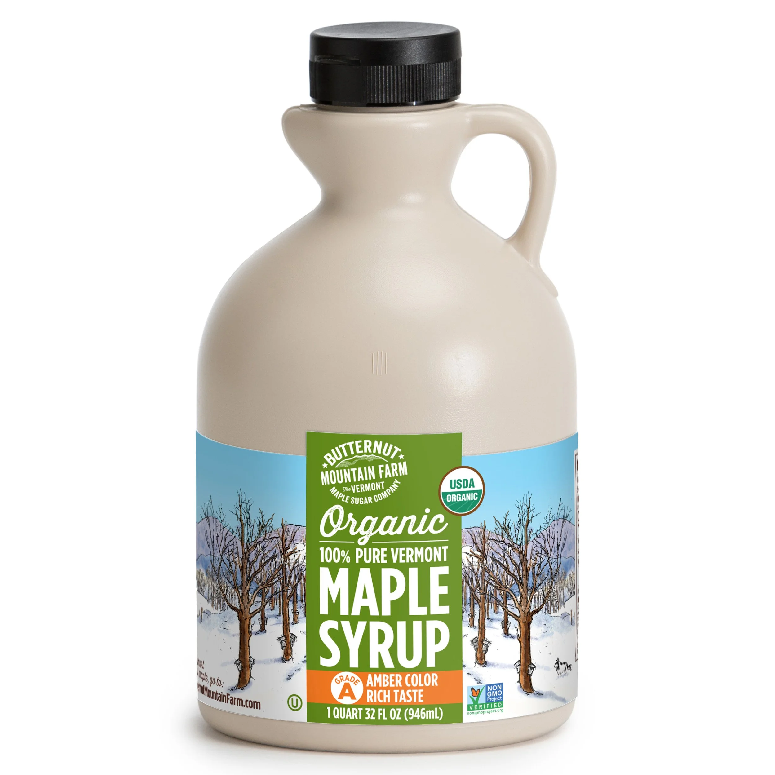 A jug of organic Grade A Amber Rich 100% pure maple syrup.