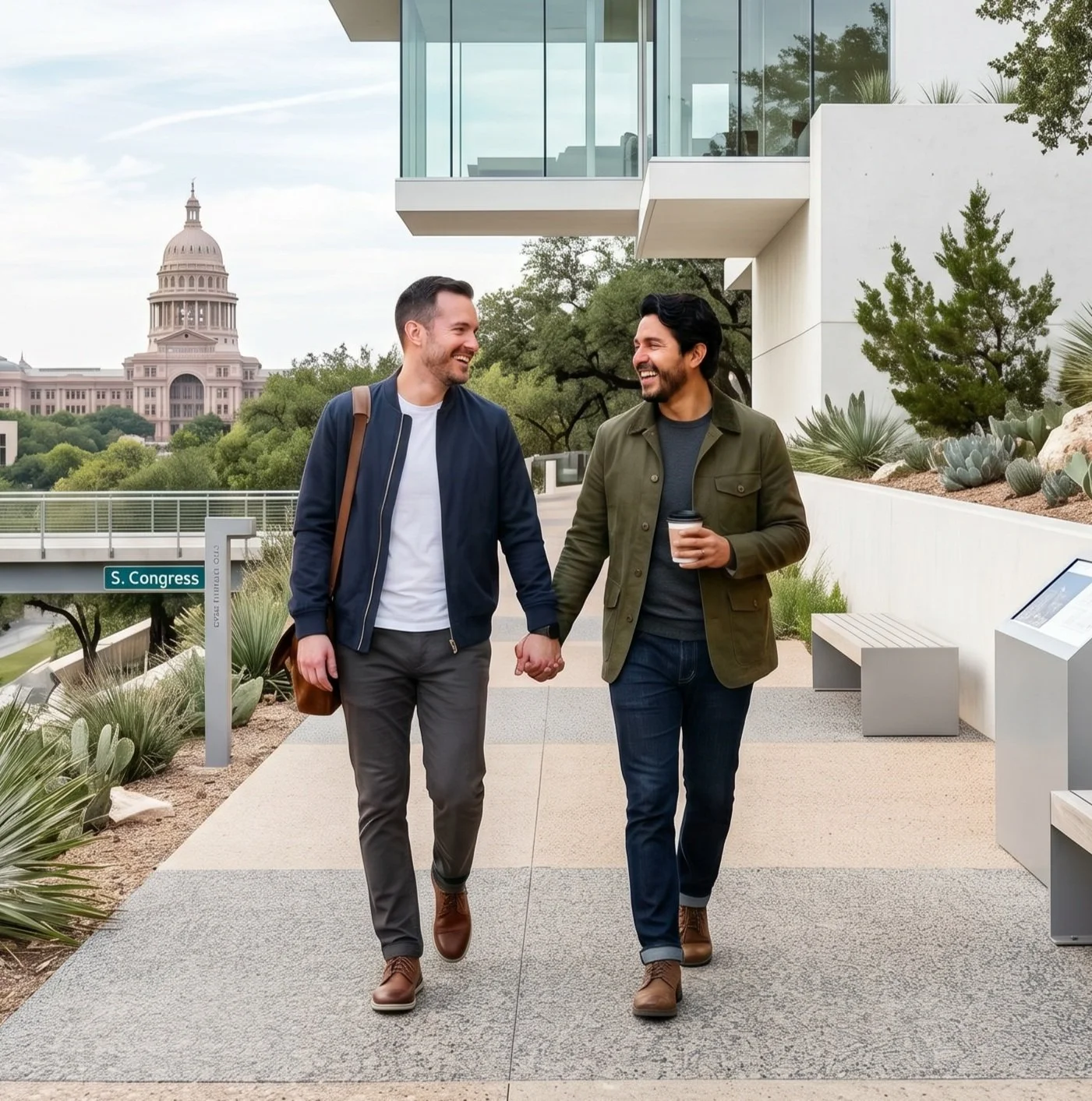 Gay couple walking down Austin Texas on their way to online couples therapy at Attached counseling