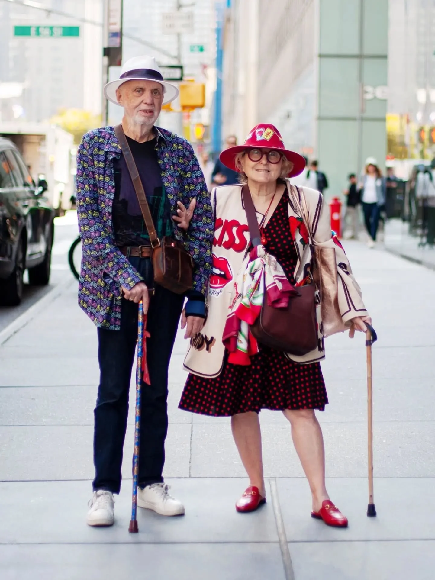 Randy and Ron. Randy's outfit must haves are @hermes bag and @gucci shoes. Specifically here - Gucci 'Princeton' shoes and Hermes 'Evelyn' bag. "I always wear @karinadresses. Almost always polka dots. The Jacket is Italian. The hat from San Migu