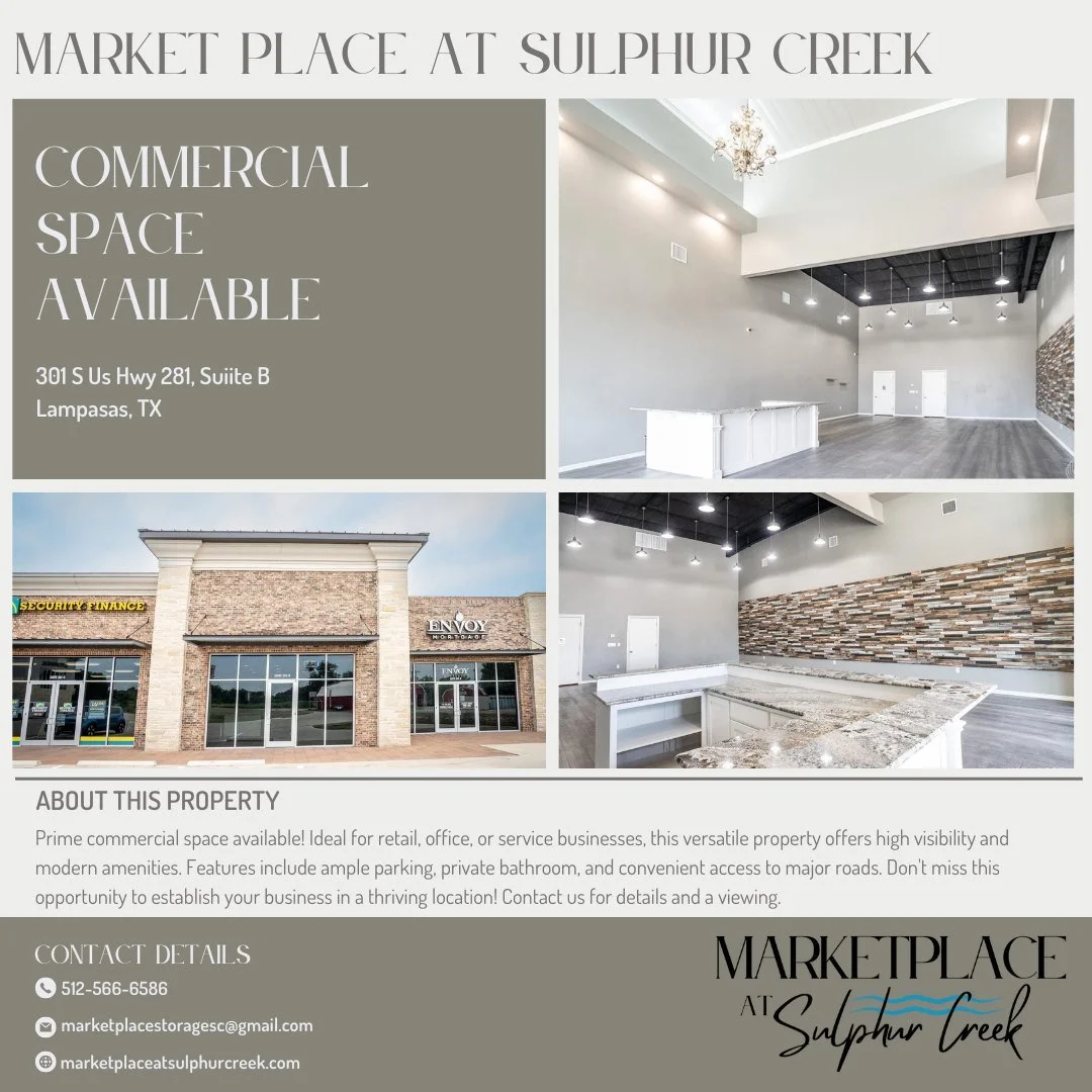 🏢 BUSINESS OPPORTUNITY: COMMERCIAL SPACE FOR LEASE! 🏢

Ready to take your business to the next level? Market Place at Sulphur Creek has the PERFECT space waiting for you!

💼 Why this location is ideal:
✨ Prime commercial real estate in a thriving 