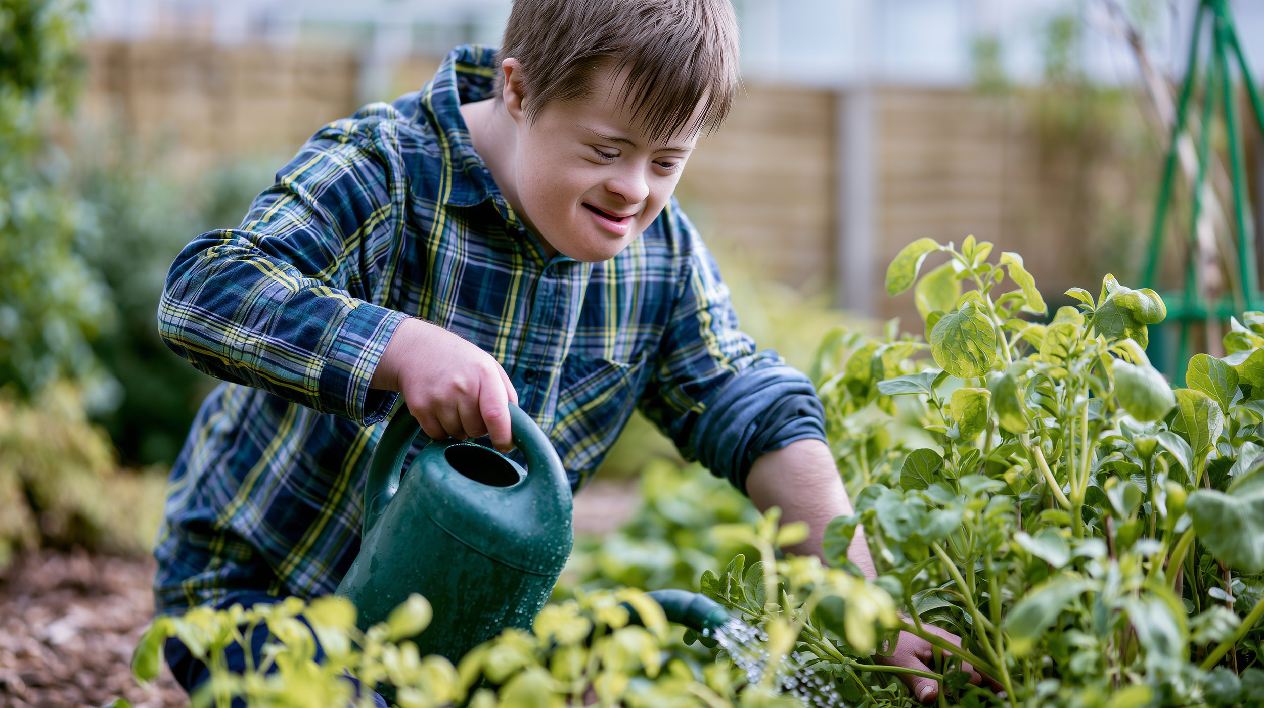 A young boy with brown hair wearing a plaid shirt watering plants in a garden.