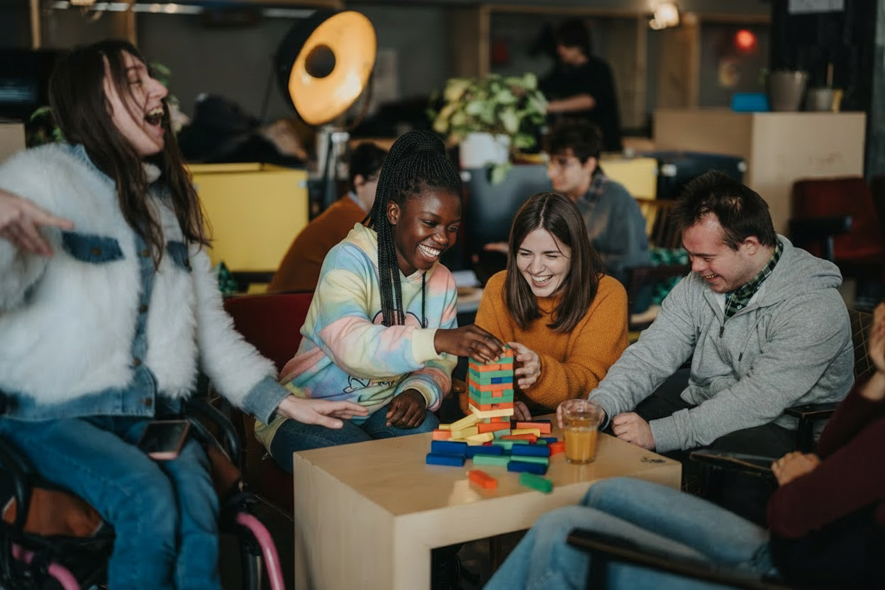 Group of young people playing a colorful game of Jenga around a table, laughing and having fun in a cozy indoor setting.