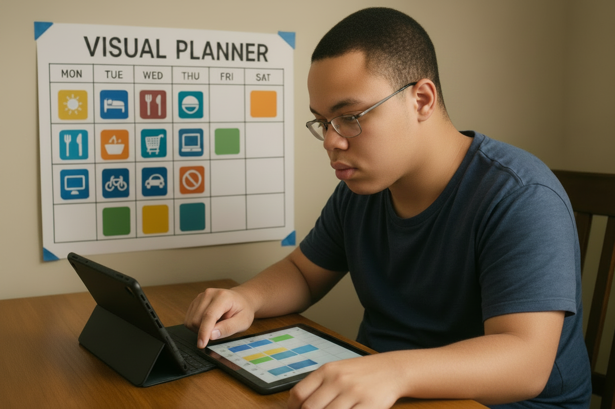 A young man with glasses sitting at a wooden table using a tablet with a keyboard case, with a visual planner chart pinned to the wall behind him.