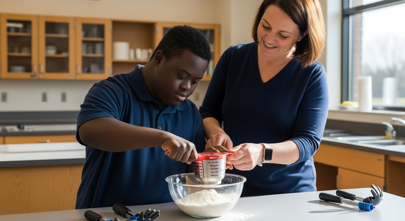 A woman and a young boy baking together in a kitchen. The boy is pouring flour into a measuring cup held by the woman. They are smiling and appear to be enjoying cooking.