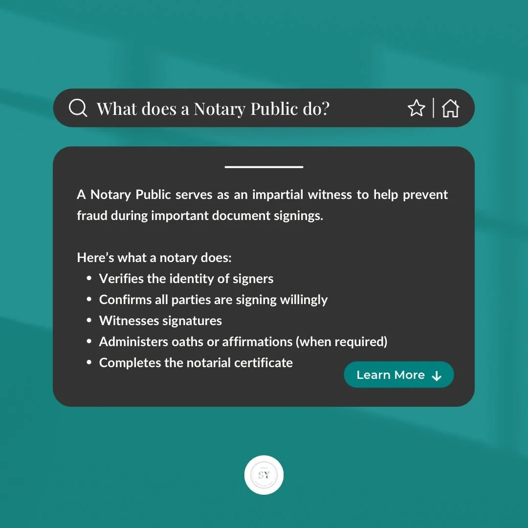 🖊️ What does a Notary Public do?

A Notary Public serves as an impartial witness to help prevent fraud during important document signings.

Here&rsquo;s what a notary does:
✔️ Verifies the identity of signers
✔️ Confirms all parties are signing will