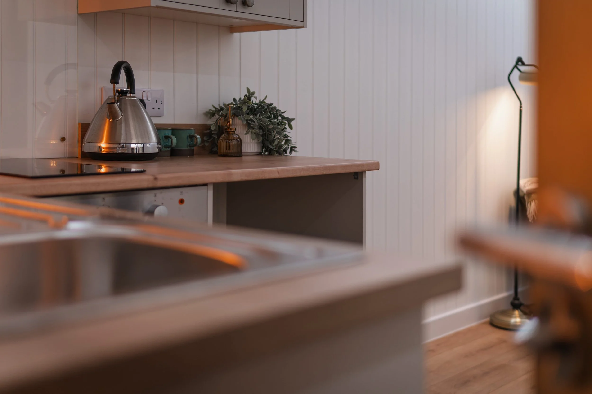 A kitchen countertop with a stainless steel electric kettle, two small green cups, a brown glass soap dispenser, and a leafy potted plant. The background shows a wall with vertical white paneling and part of a wall-mounted kitchen cabinet.