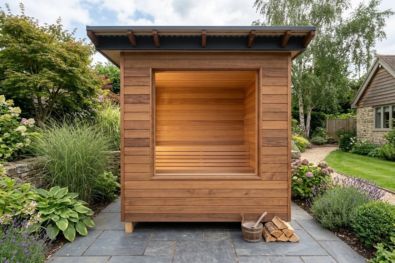 Small wooden sauna or shed with an open front, located in a garden surrounded by lush green plants and flowers, with a stone pathway in the foreground.