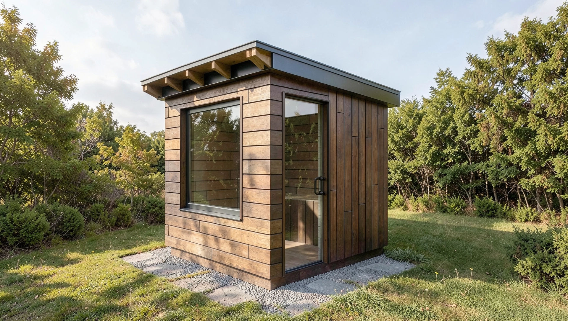 A small modern shed with wooden siding, glass door, and large window set in a landscaped yard with trees and grass.