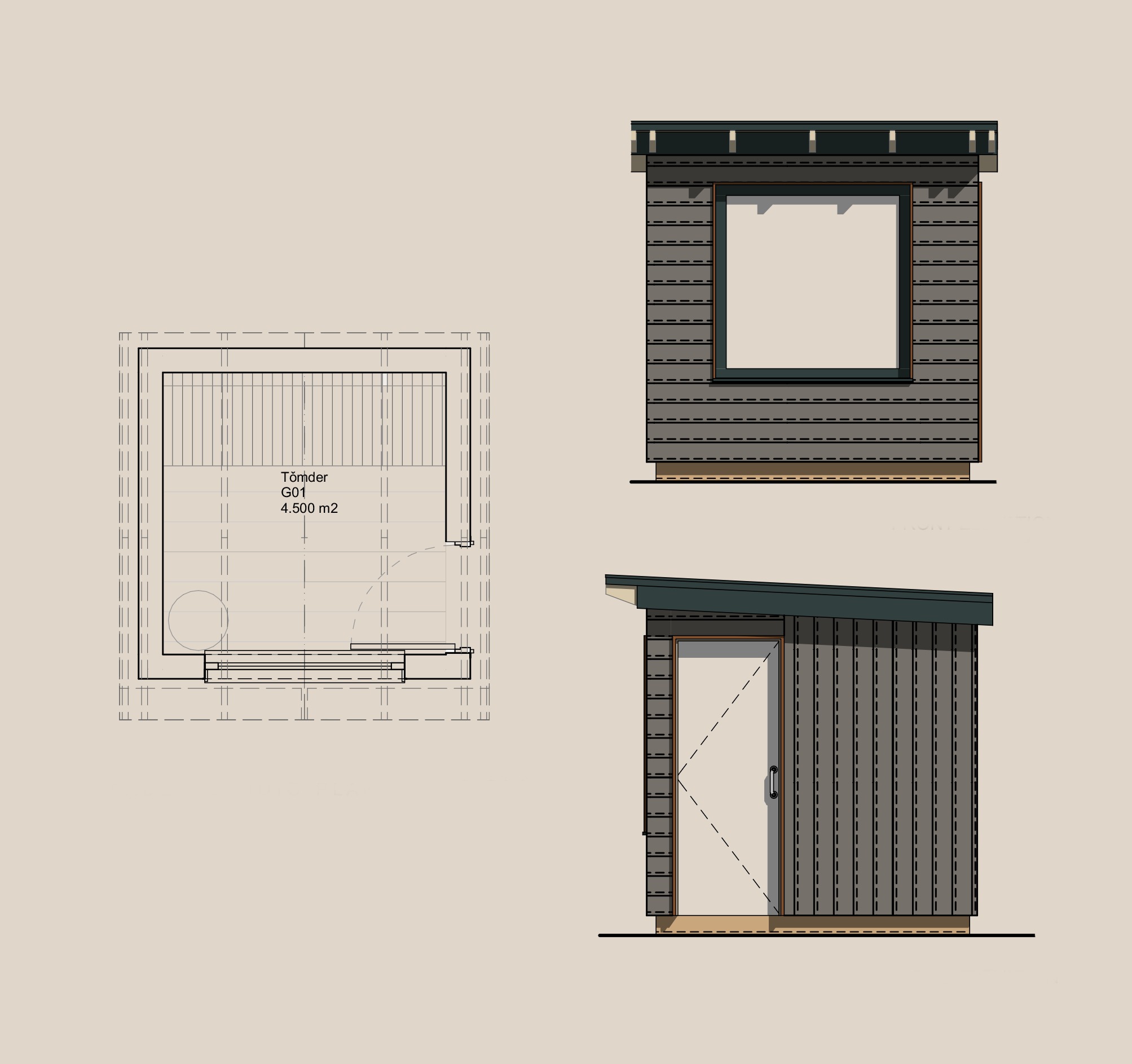 Engineering drawing of a small building with a flat roof, dark exterior walls, and a single door. Adjacent to it, a floor plan shows a room labeled 'Tömder' with an area of 4.500 m2.