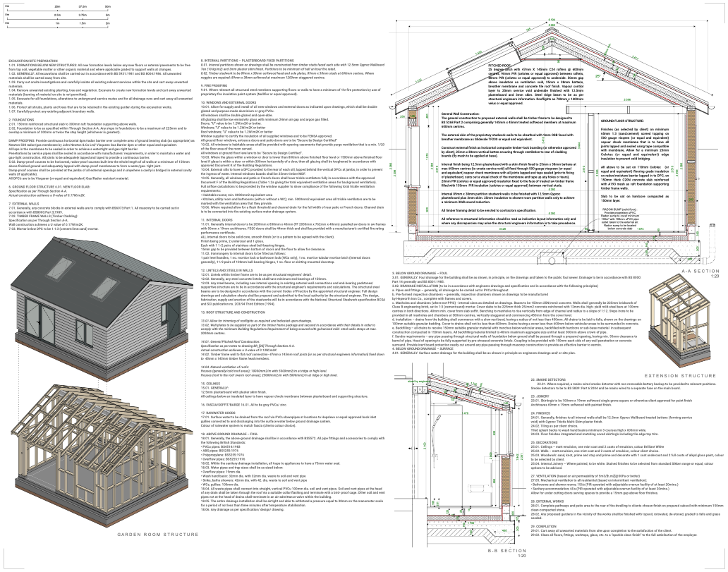 Detailed architectural design plans and 3D models of a garden room structure with a gable roof, including cross-sectional views and construction details.