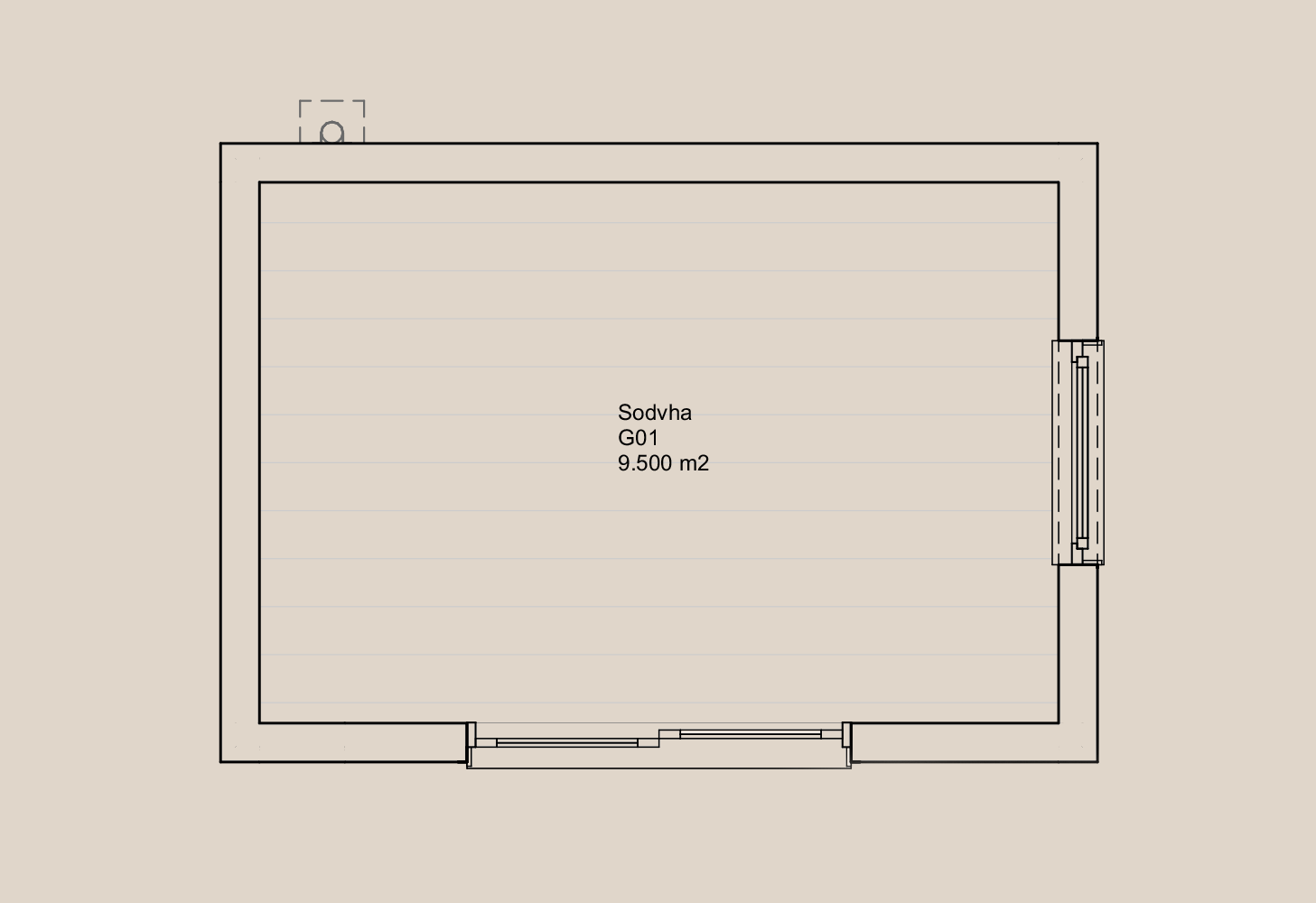 Architectural floor plan of a room labeled 'Sodhva G01' with an area of 9.500 square meters.
