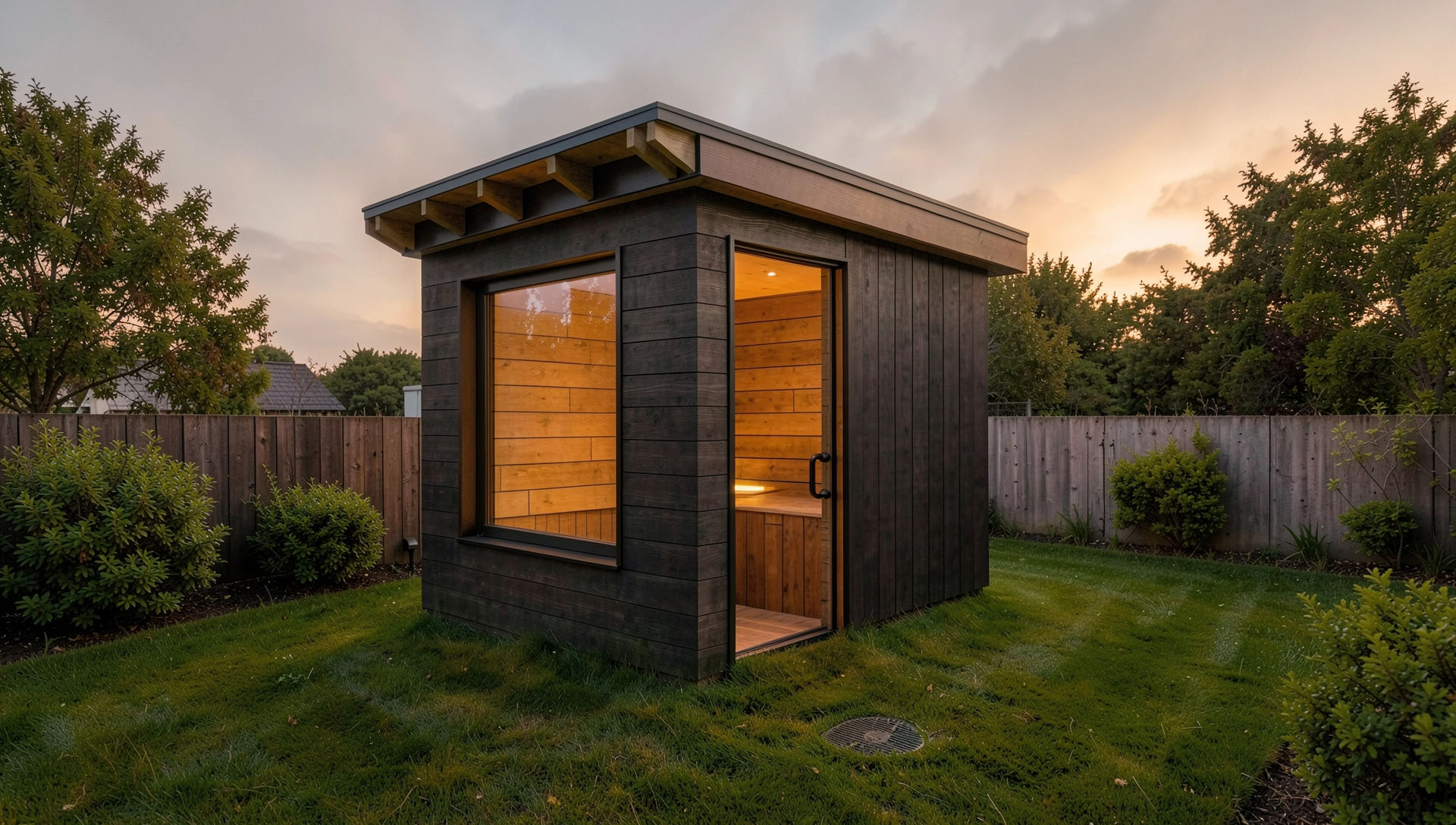 Small modern backyard shed with dark exterior and large window, showing warm interior lighting, situated on a green lawn with shrubbery and a wooden fence, during sunset.