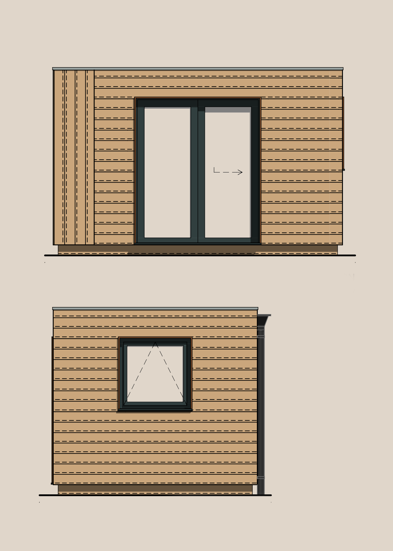 Architectural drawing of a modern garden room with horizontal wooden siding, large glass sliding door, and a separate window. The garden room has a flat roof and drain pipe on the right side. The drawing shows front and side elevations.
