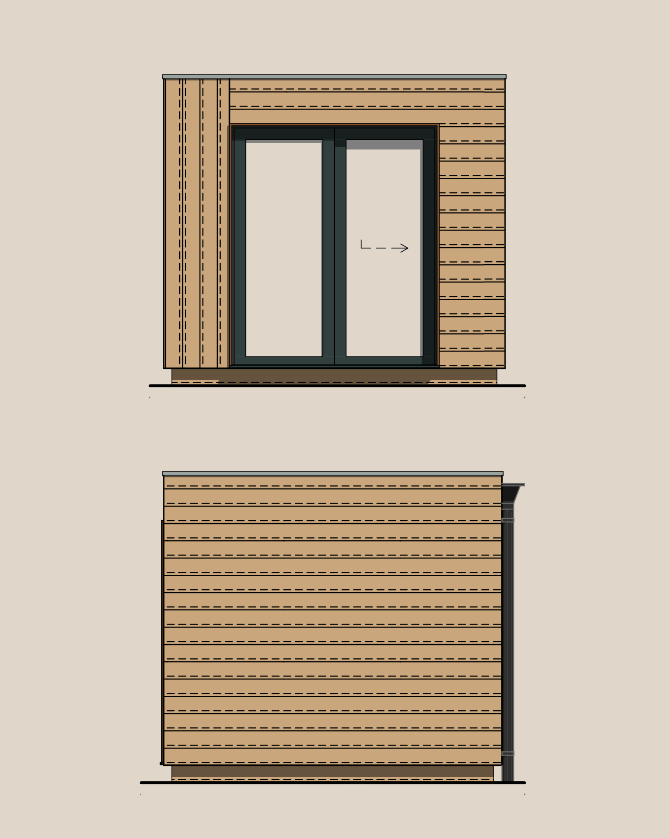 Drawing of a small wooden building with a sliding glass door and a rain gutter on the right side.