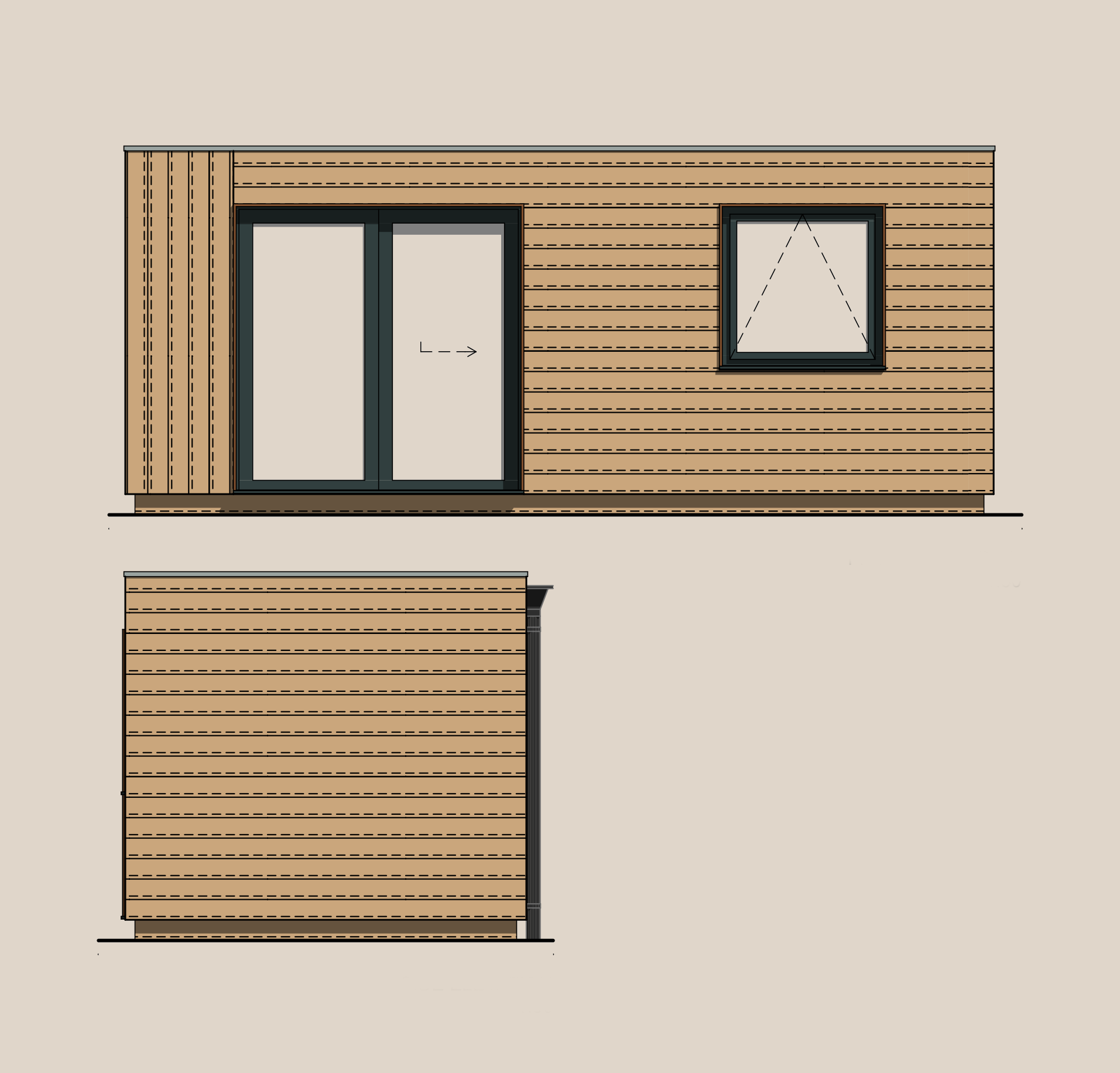 Digital architectural drawing of a petite modern house exterior with wood-paneled siding, a sliding glass door, and a window on a plain beige background.