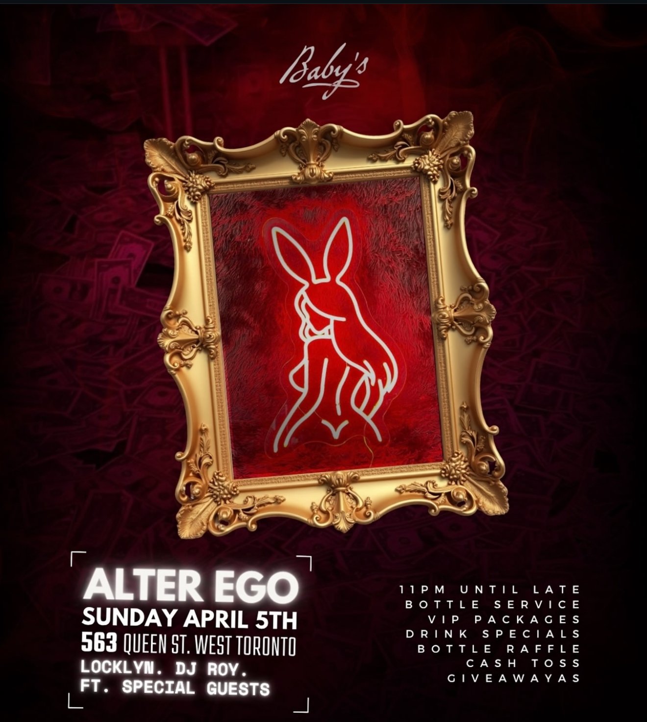 A promotional flyer for a party featuring an ornate gold frame with a neon outline of a rabbit with long hair in the center. The background is dark with red tones and money graphics. Text details the event date, location, and features.