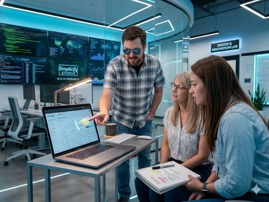 Three people in a modern office look at a laptop screen displaying data and charts. One man, wearing sunglasses and a plaid shirt, points at the screen. Two women sit beside him, one with blonde hair and glasses, the other with brown hair, holding a notepad and pen.