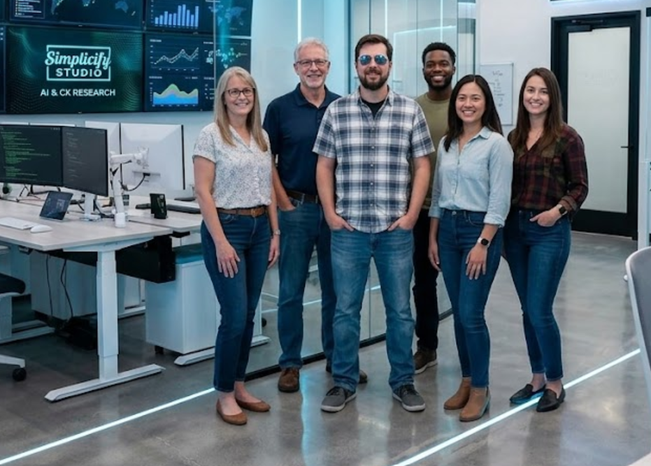 Group of six diverse professionals standing in modern office with multiple computer monitors, whiteboards, and a large screen displaying 'Simplicity Studio AI & CK Research'.