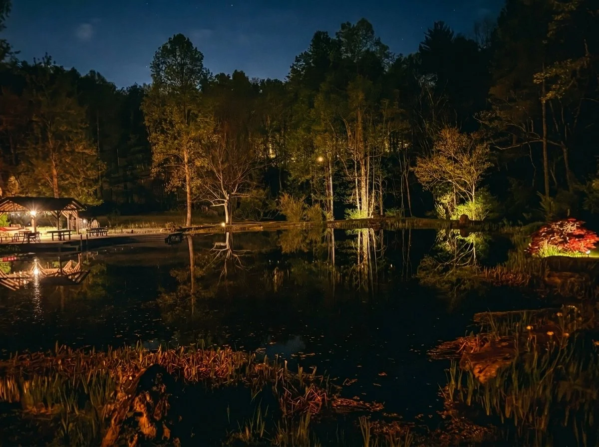 Night view of a park with a pond, illuminated trees, and a small pavilion with benches by the water.