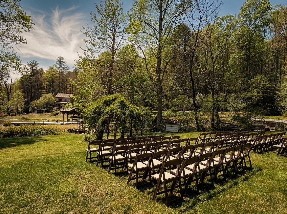 Outdoor scene with rows of chairs set up on green grass, trees in background, and a clear sky.